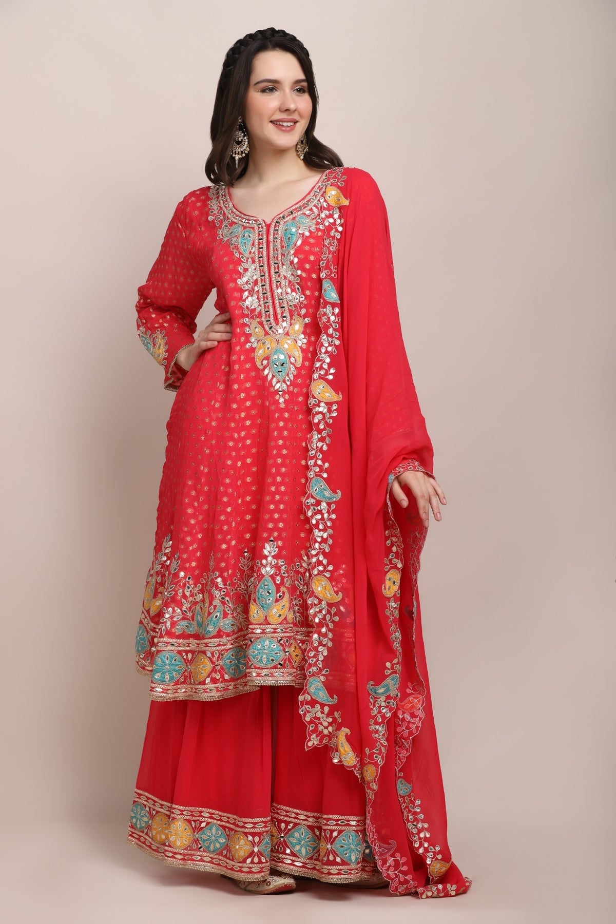 Trendy Pink Floral Motif Embroidered Kurti Set