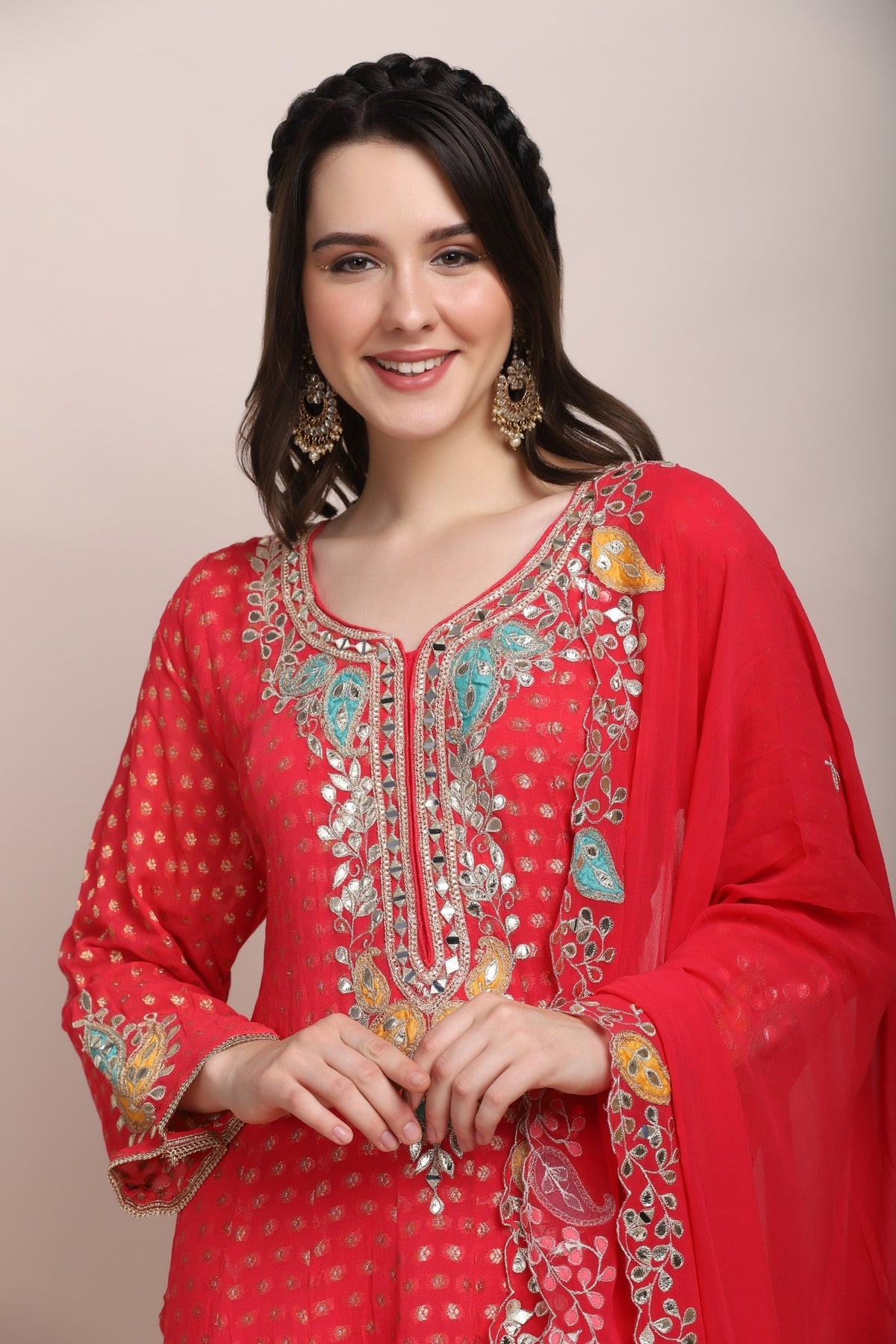 Trendy Pink Floral Motif Embroidered Kurti Set