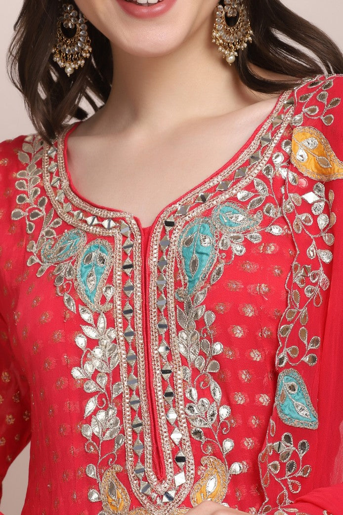 Trendy Pink Floral Motif Embroidered Kurti Set
