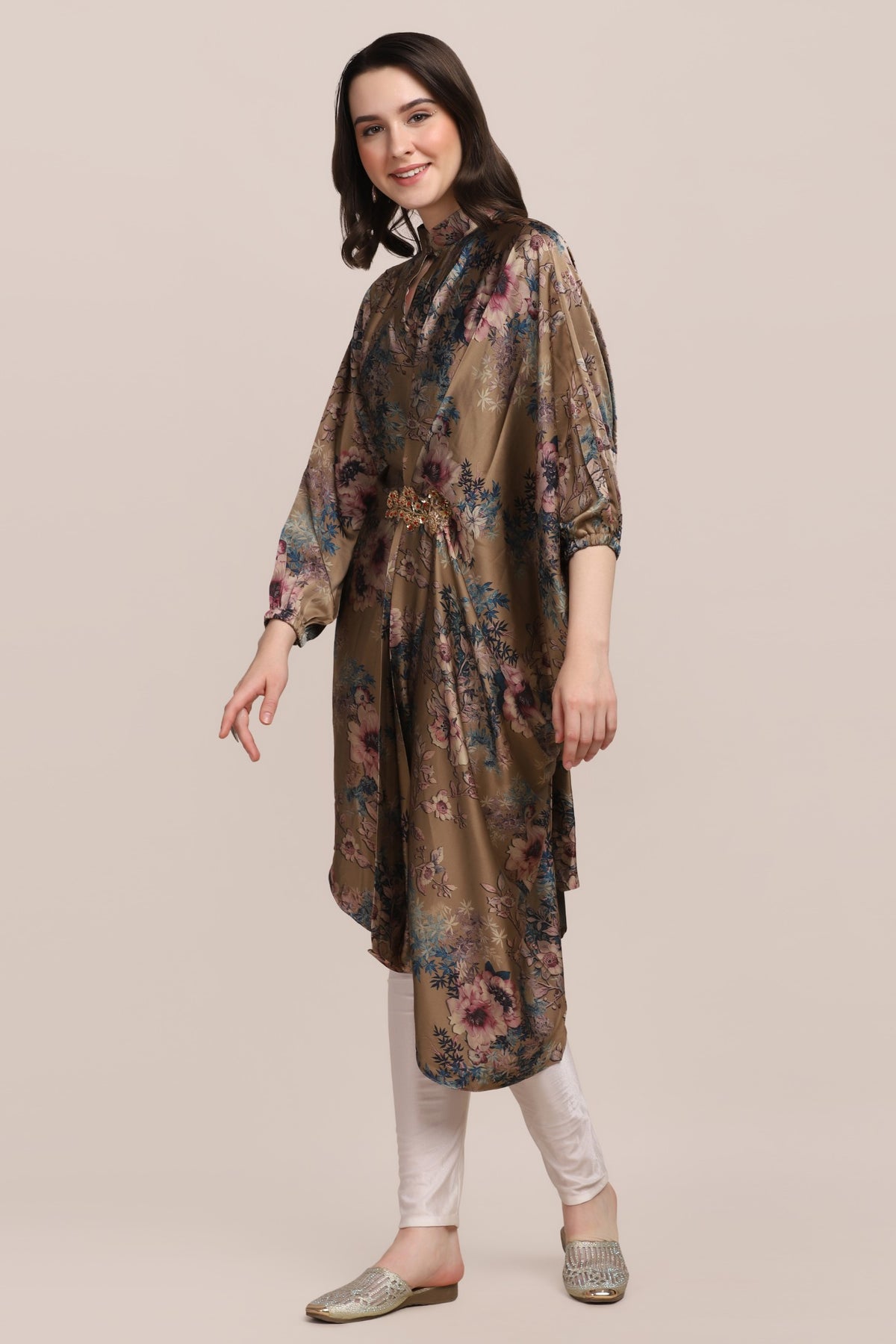 Gorgeous brown color floral motif printed asymmetrical kurti