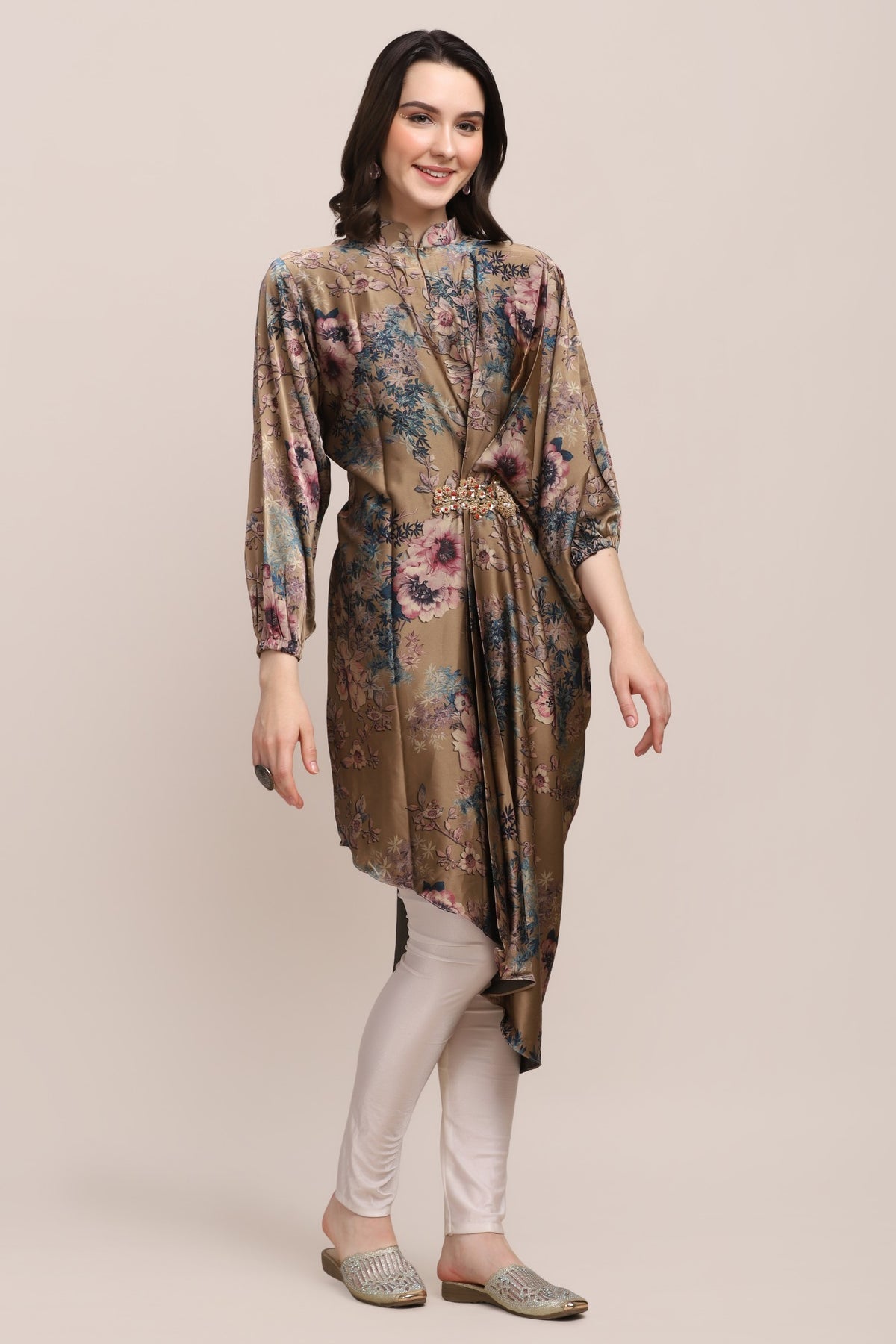 Gorgeous brown color floral motif printed asymmetrical kurti
