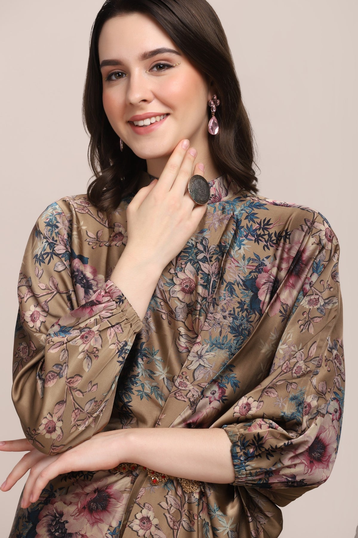Gorgeous brown color floral motif printed asymmetrical kurti