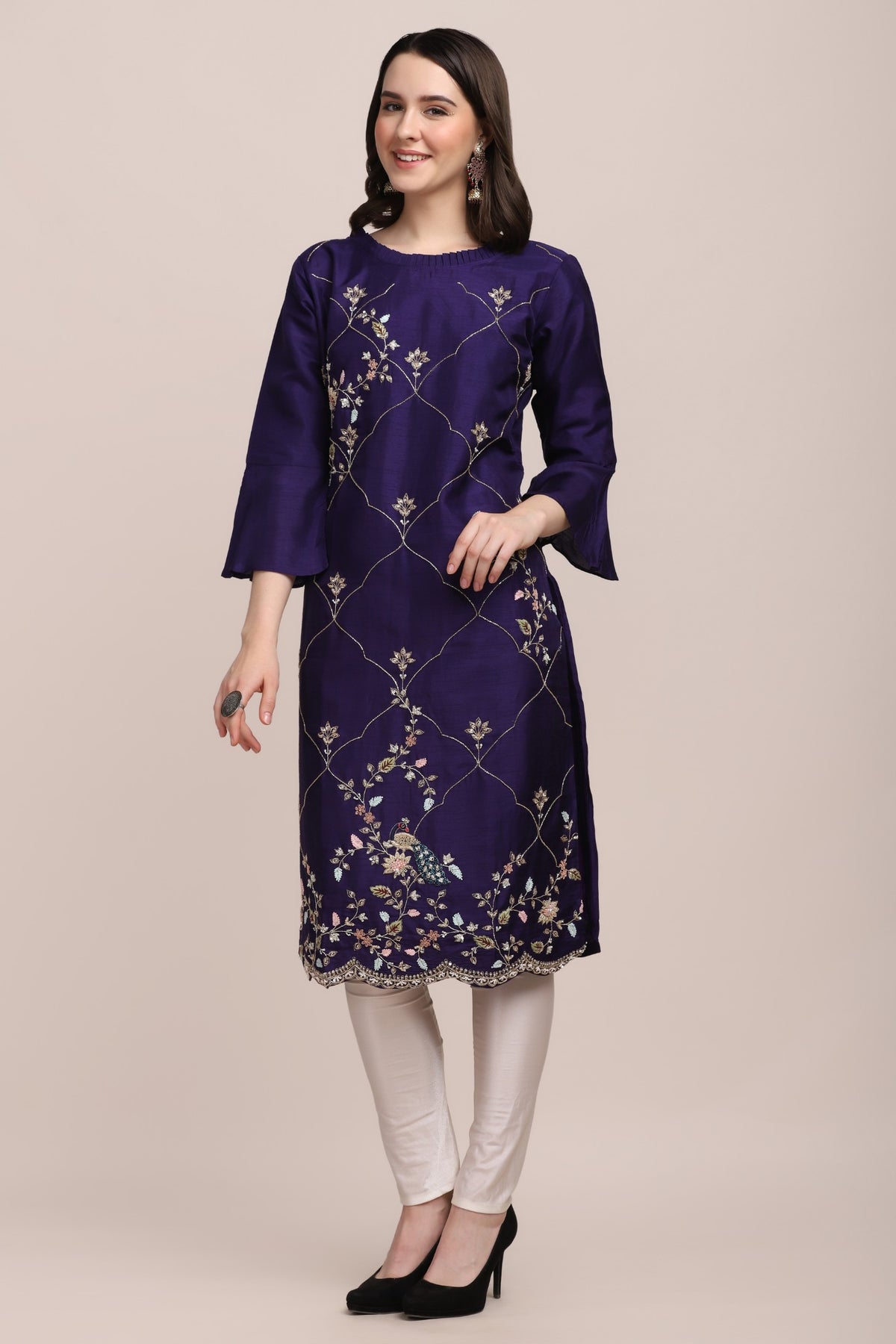 Gorgeous purple color peacock motif embroidered kurti