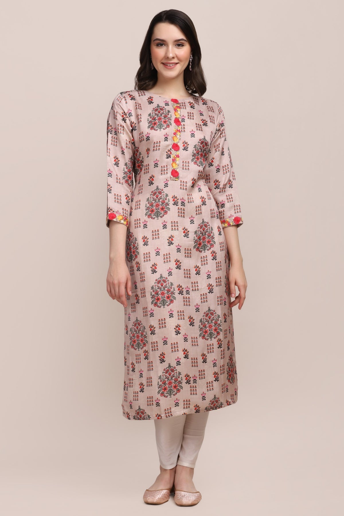 Classy beige color floral motif printed kurti