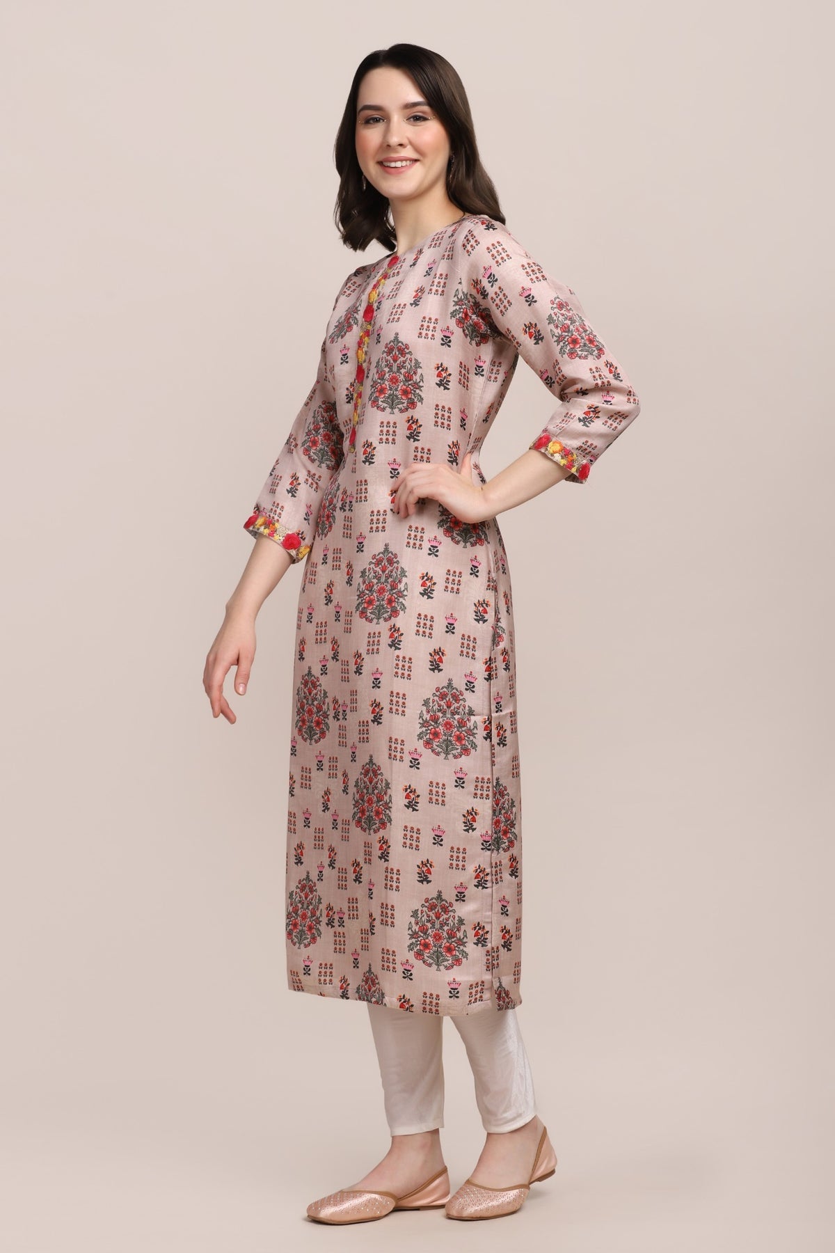 Classy beige color floral motif printed kurti