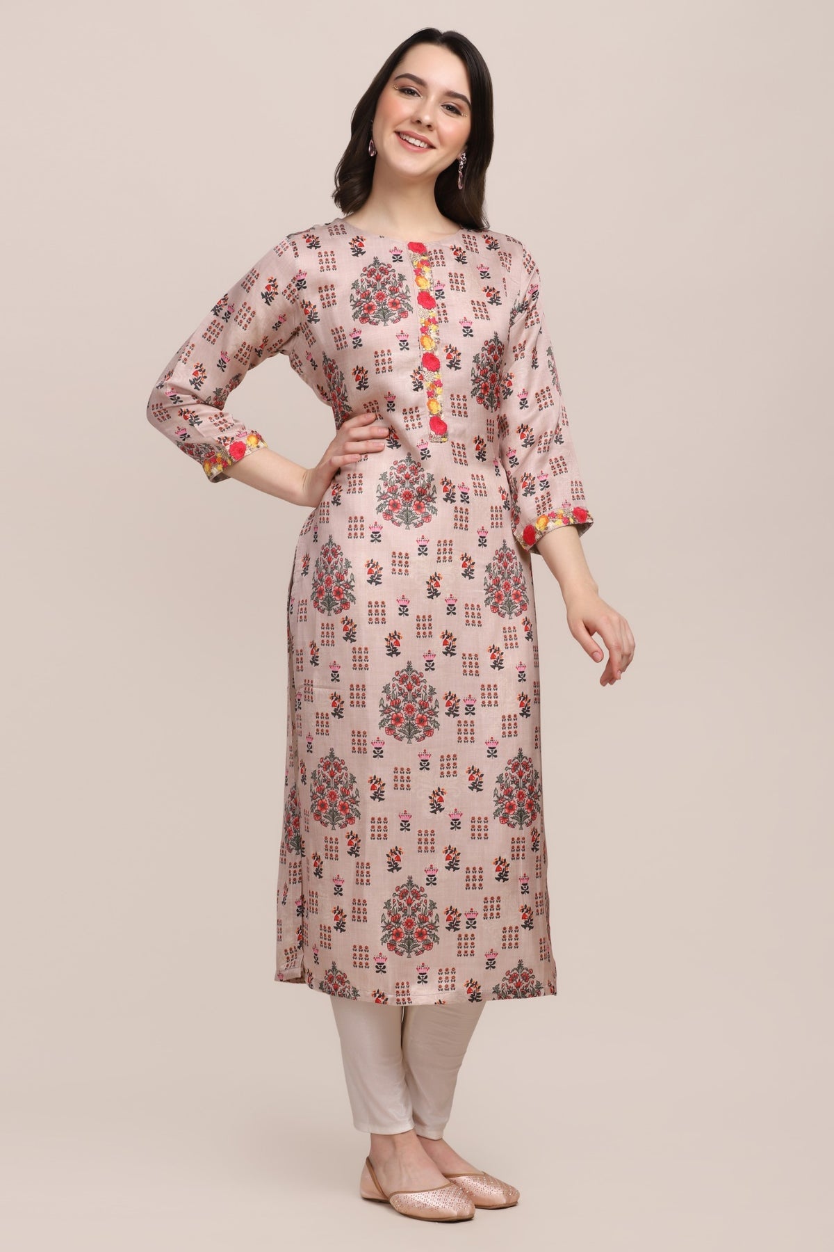 Classy beige color floral motif printed kurti