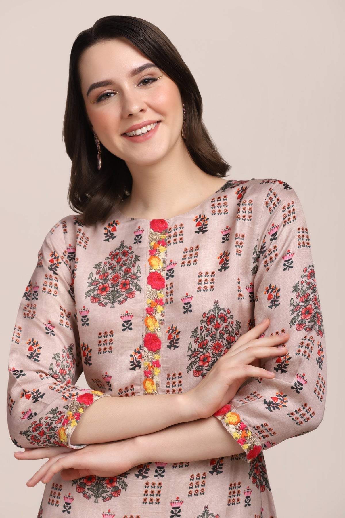 Classy beige color floral motif printed kurti