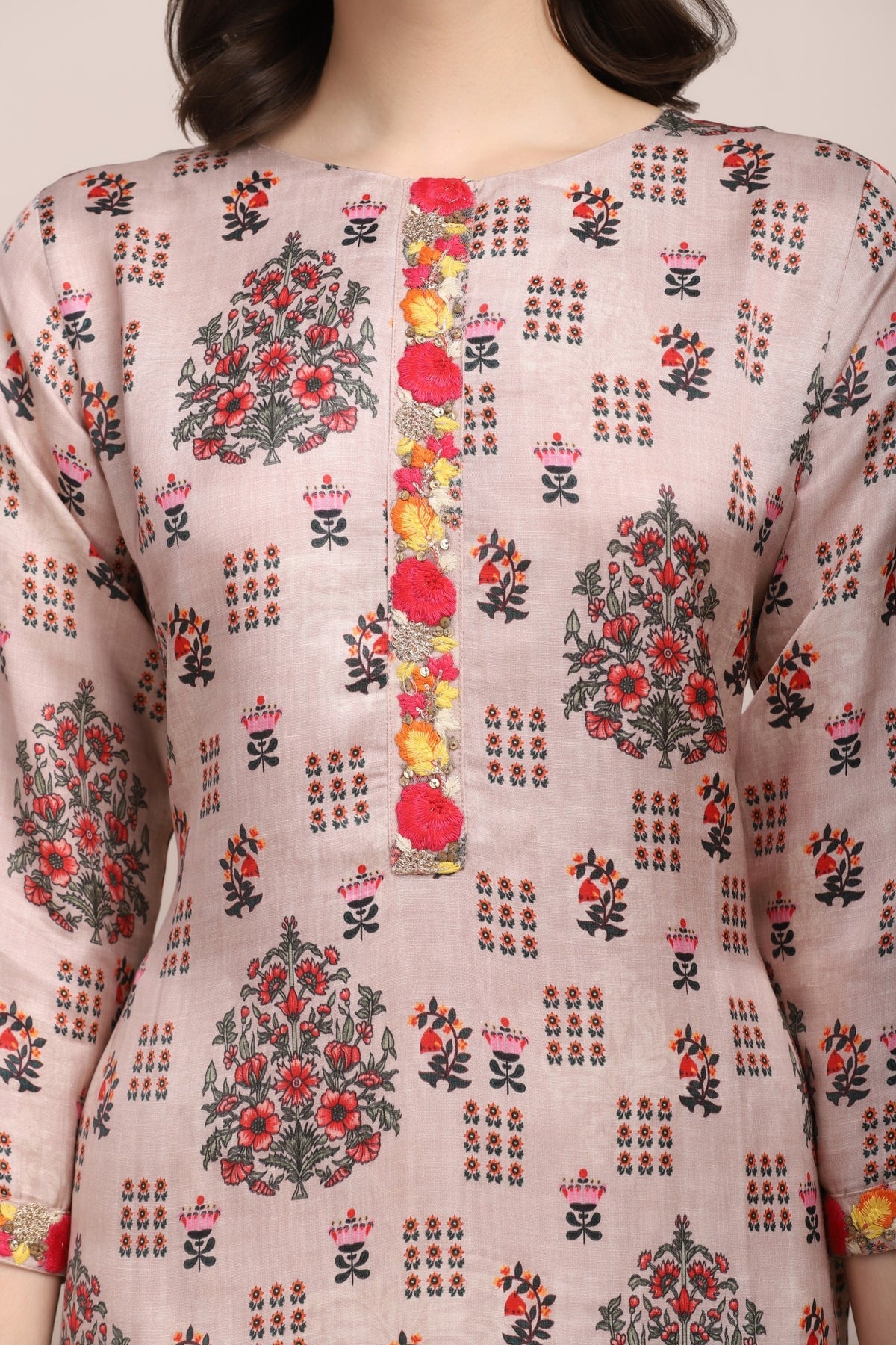 Classy beige color floral motif printed kurti