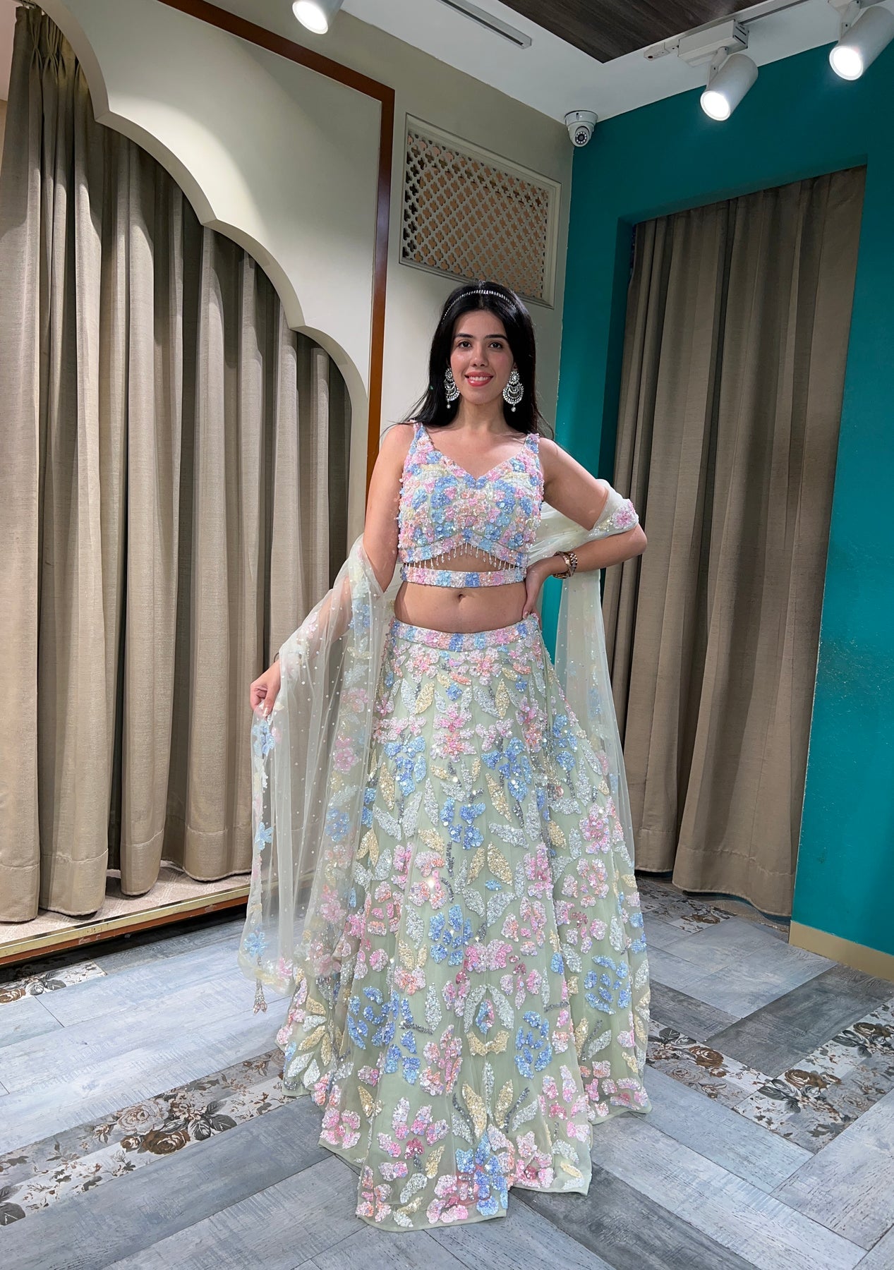 Classy white color hand embroidered lehanga