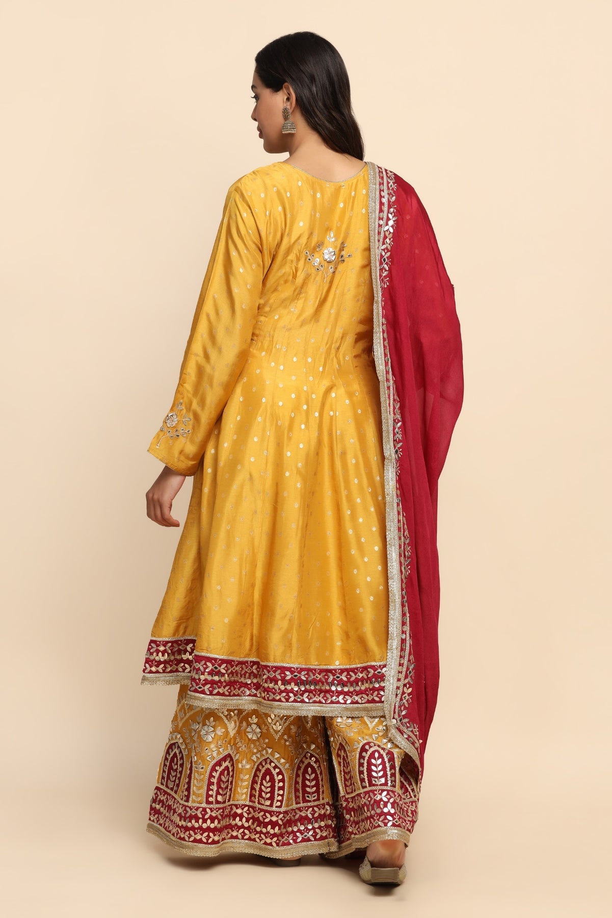 Beautiful Mustard Color Floral Motif Embroidered Sharara Set