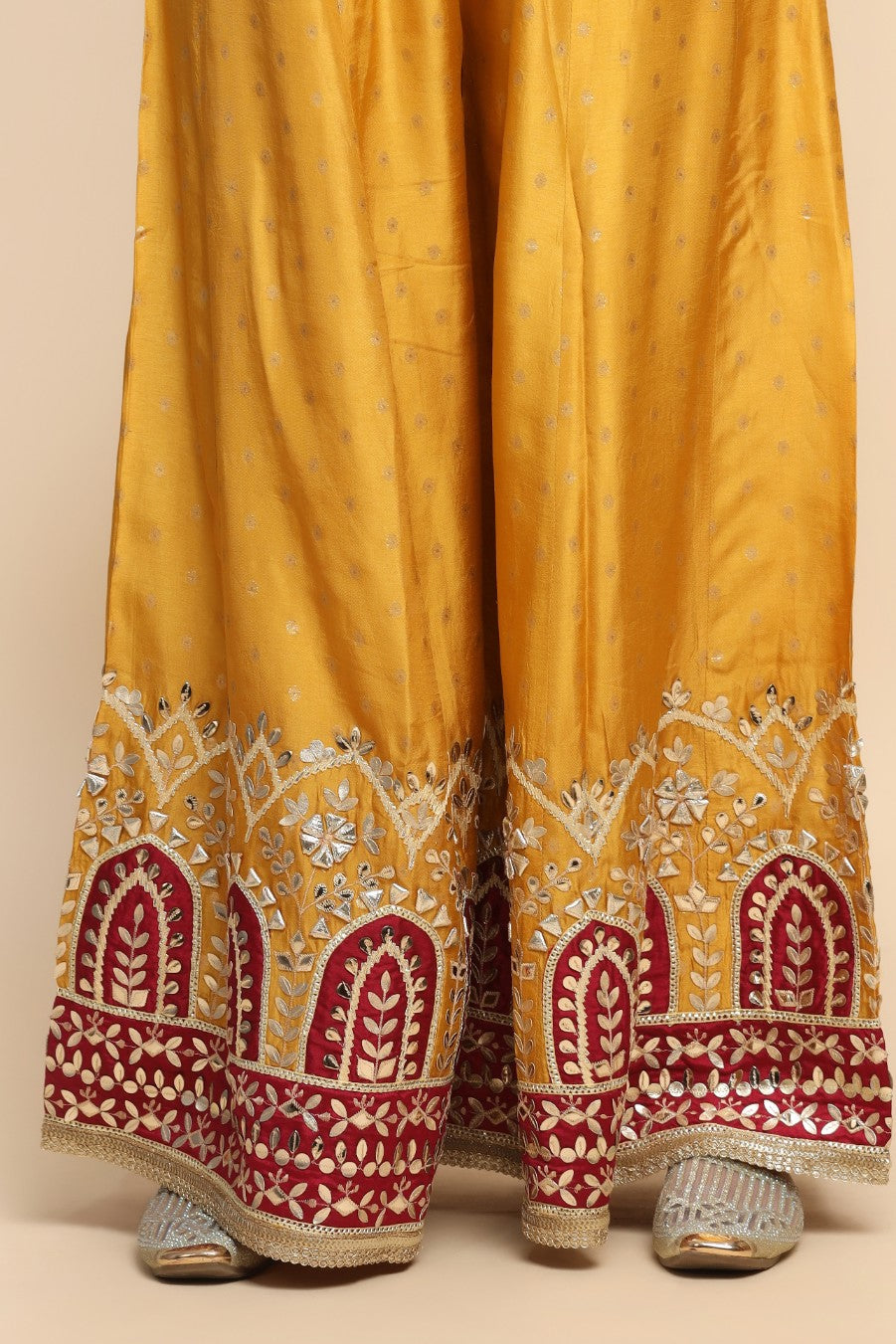 Beautiful Mustard Color Floral Motif Embroidered Sharara Set
