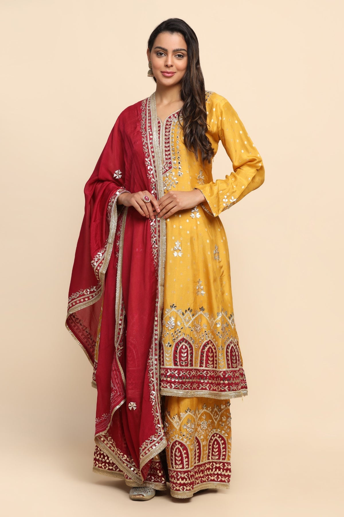 Beautiful Mustard Color Floral Motif Embroidered Sharara Set