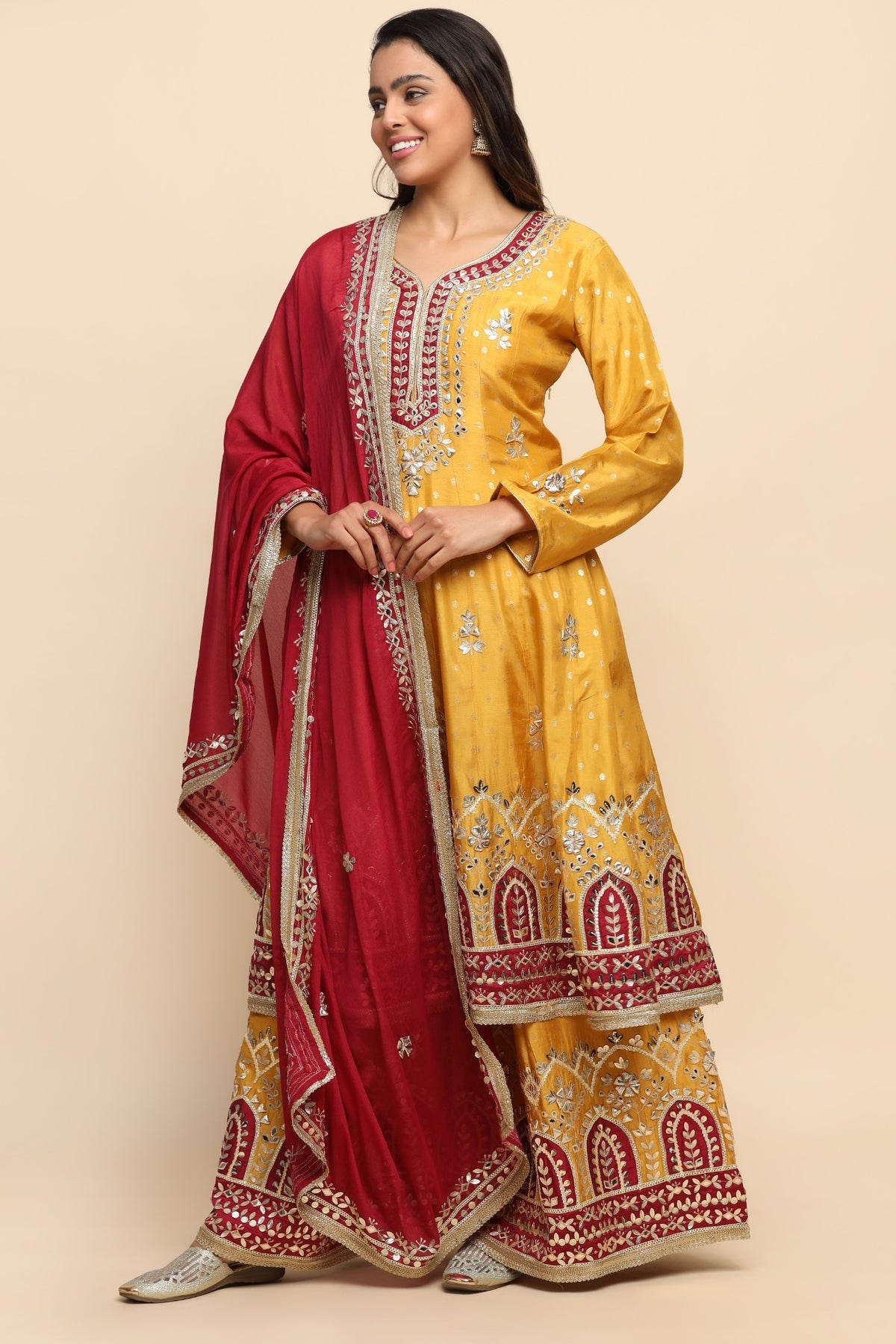 Beautiful Mustard Color Floral Motif Embroidered Sharara Set
