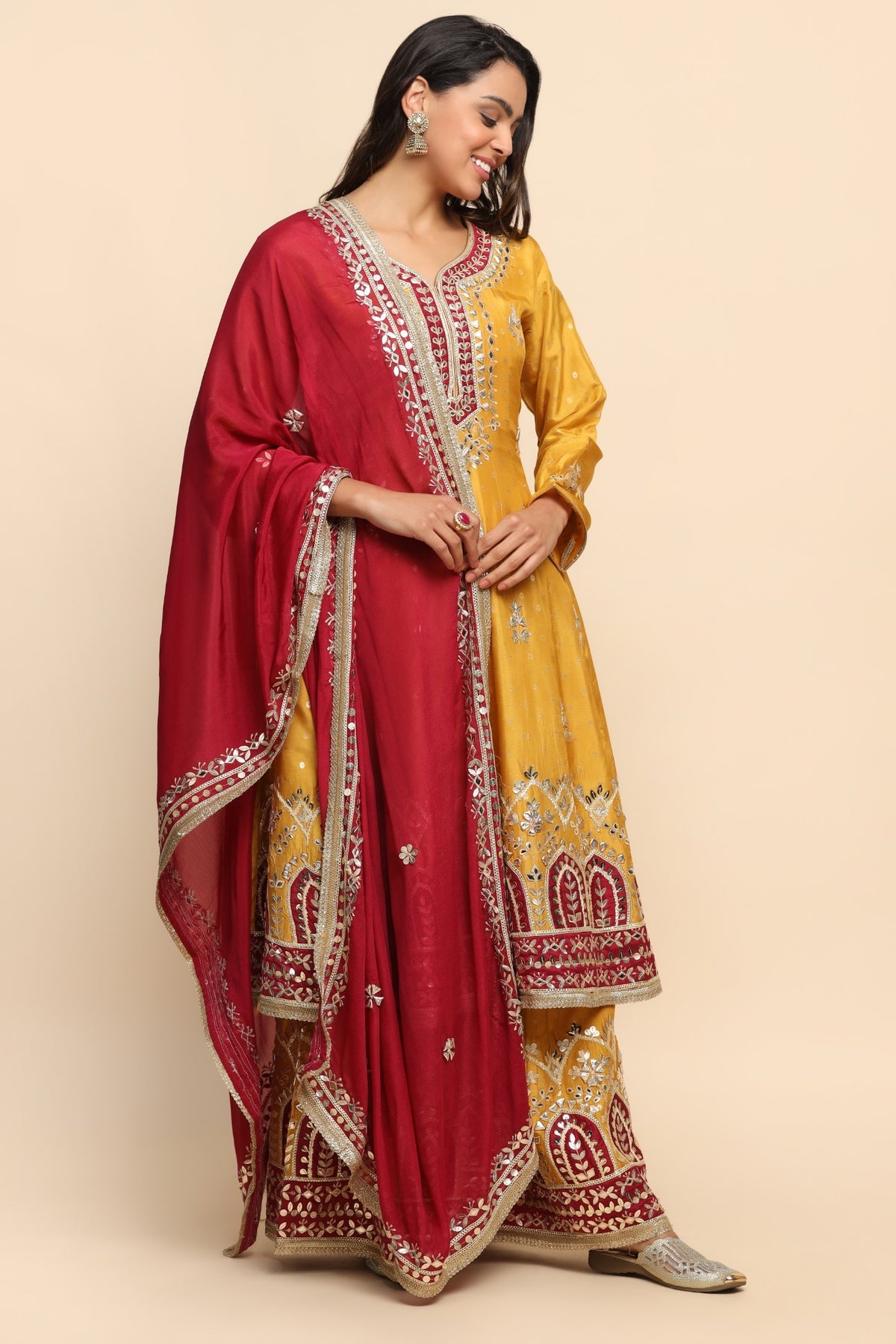 Beautiful Mustard Color Floral Motif Embroidered Sharara Set