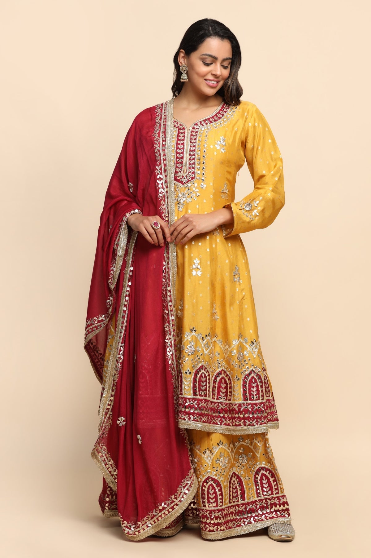Beautiful Mustard Color Floral Motif Embroidered Sharara Set