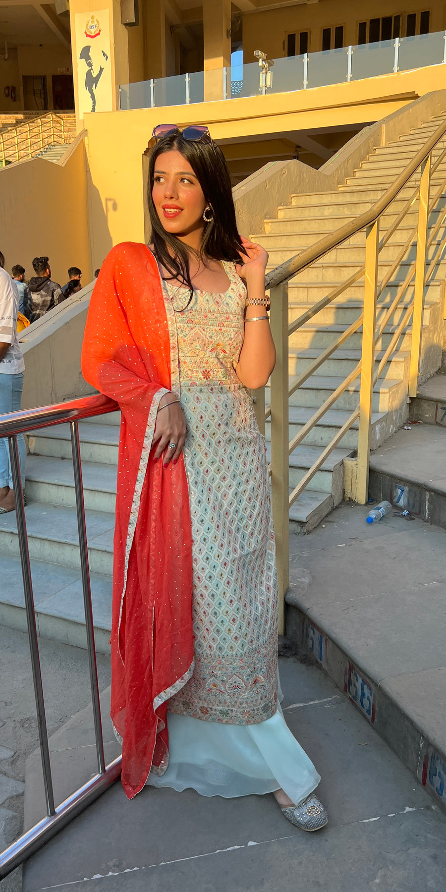 stylish light blue floral motif embroidered sharara set