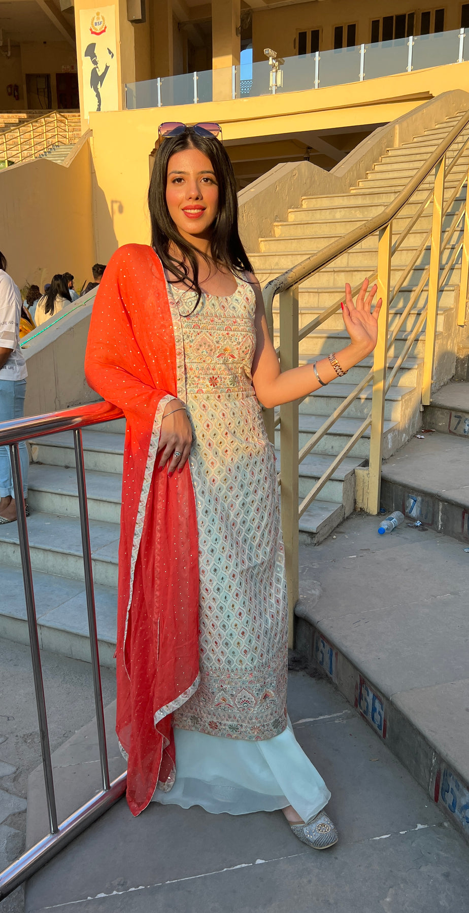 stylish light blue floral motif embroidered sharara set