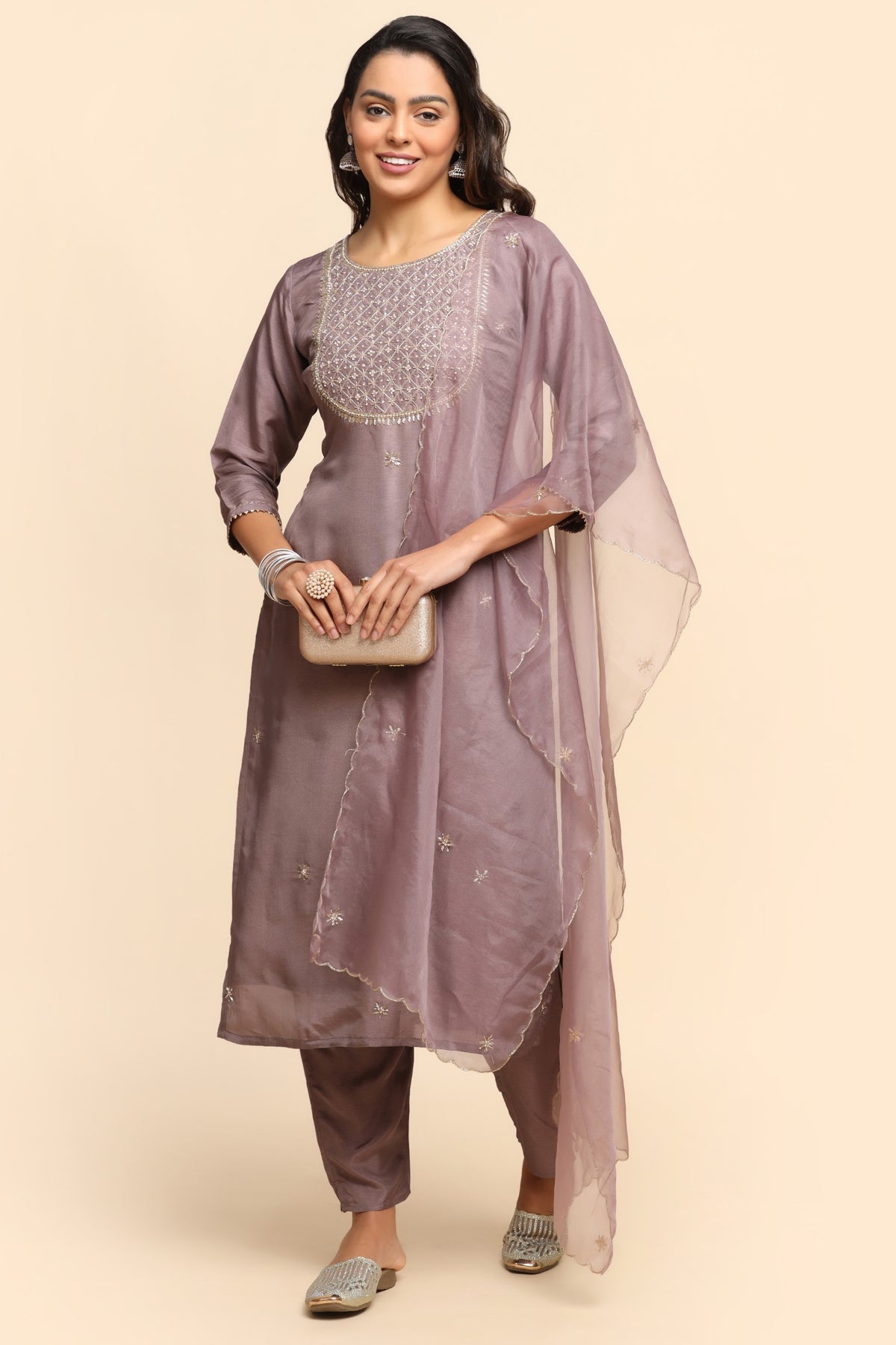 Adorable lilac color floral motif embroidered kurti set