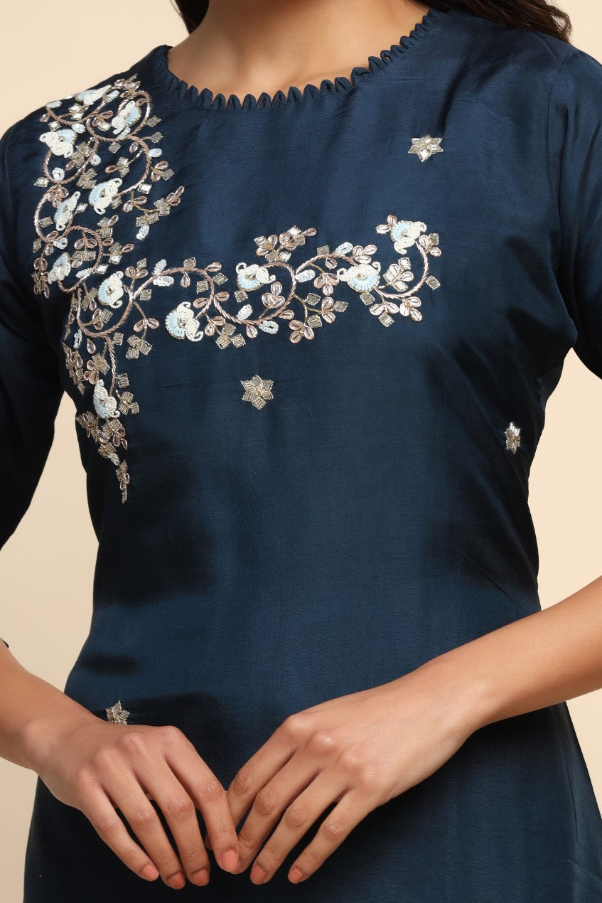Elegant royal blue color floral motif embroidered kurta set