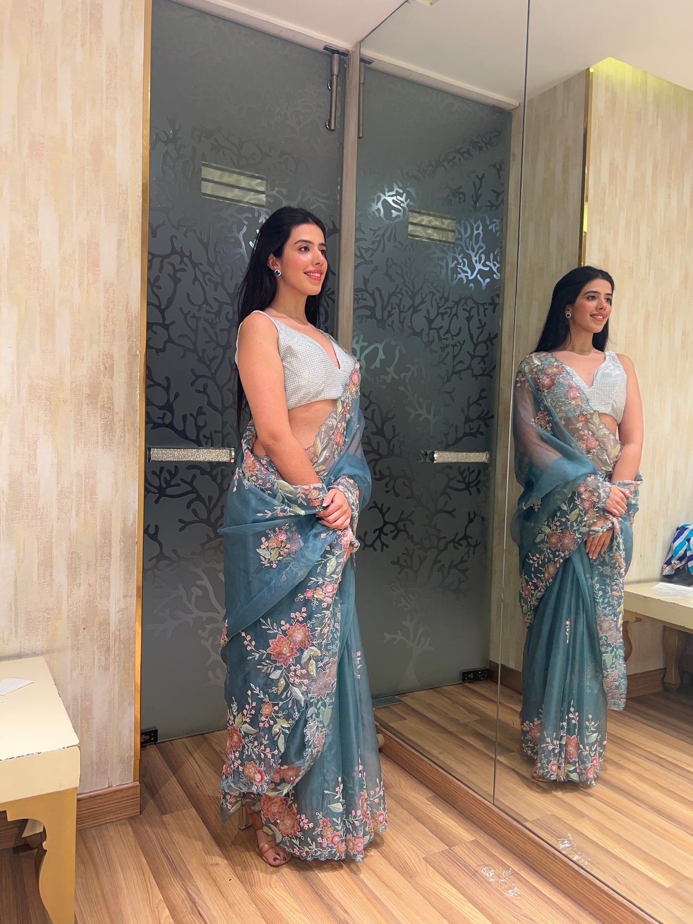 Beautiful blue color floral motif embroidered saree