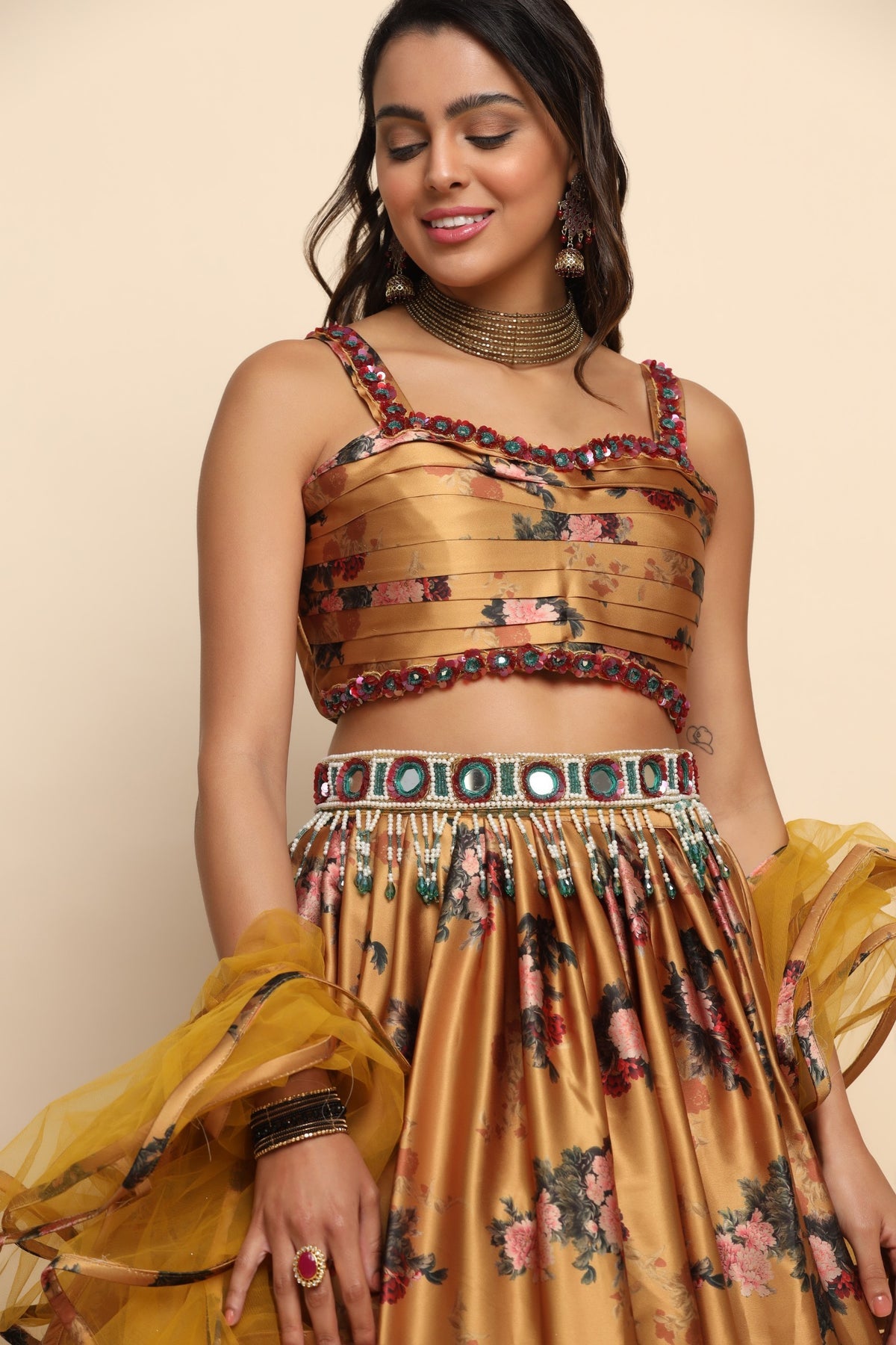 Beautiful mustard color floral motif printed and embroidered lehenga