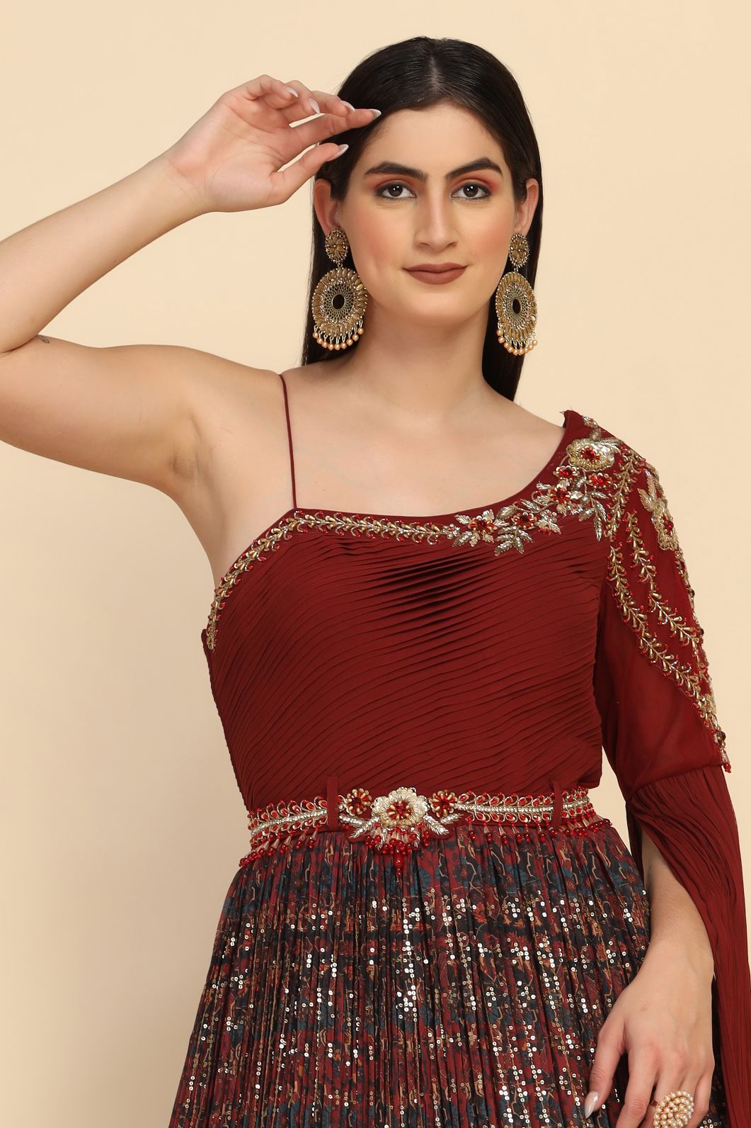 Classy Marron color floral printed dress
