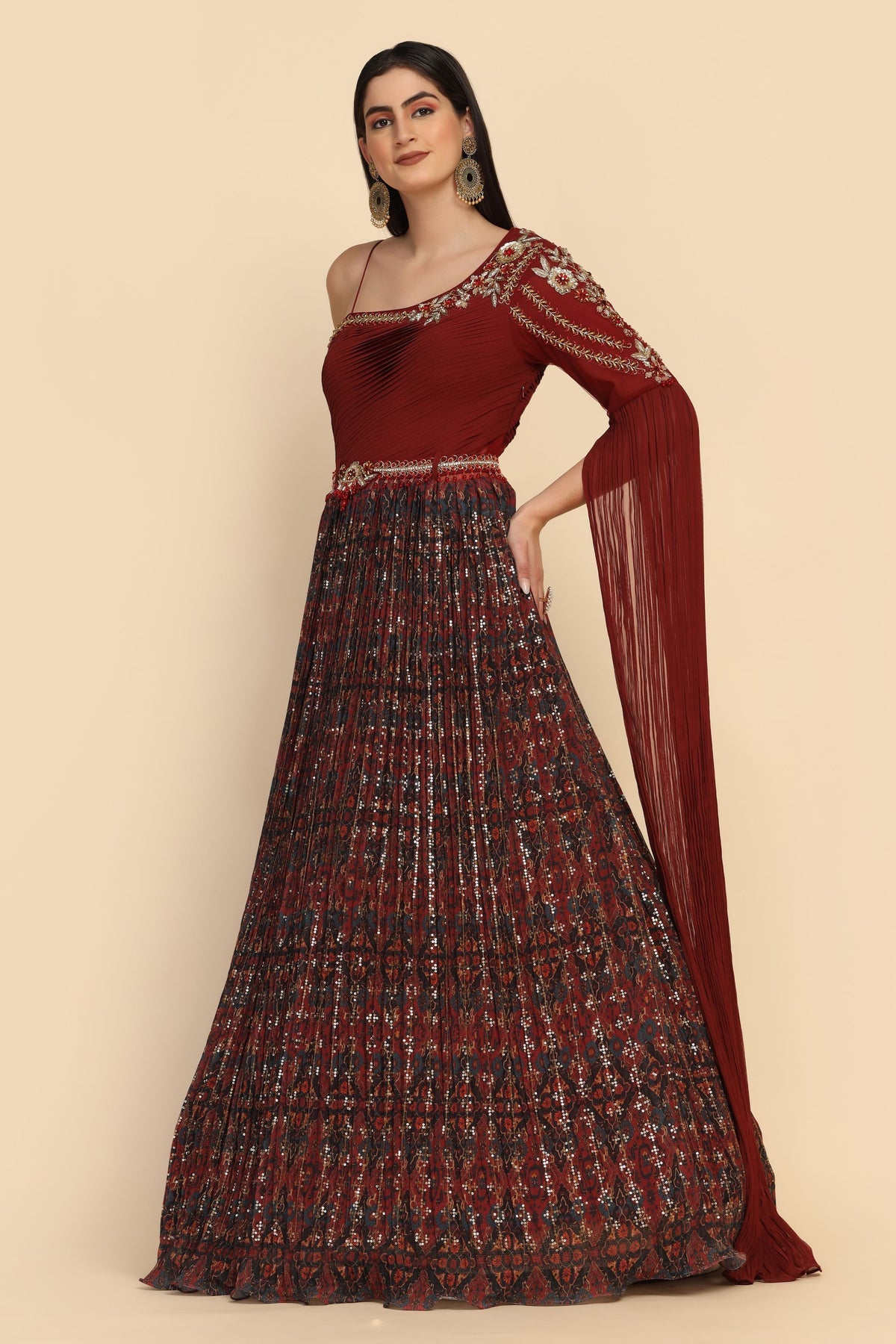 Classy Marron color floral printed dress