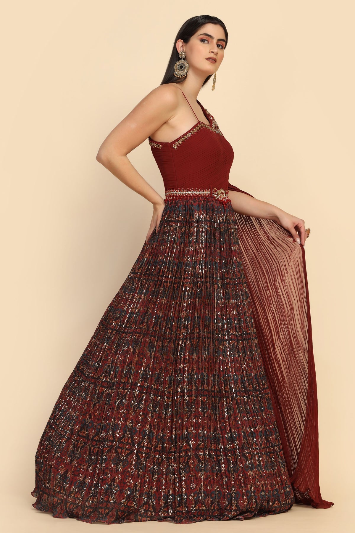 Classy Marron color floral printed dress