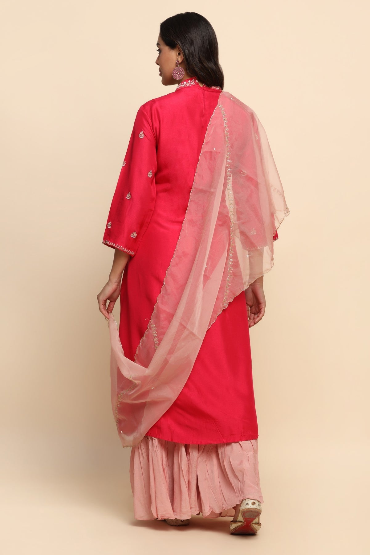Beautiful pink color floral motif embroidered kurti with sharara