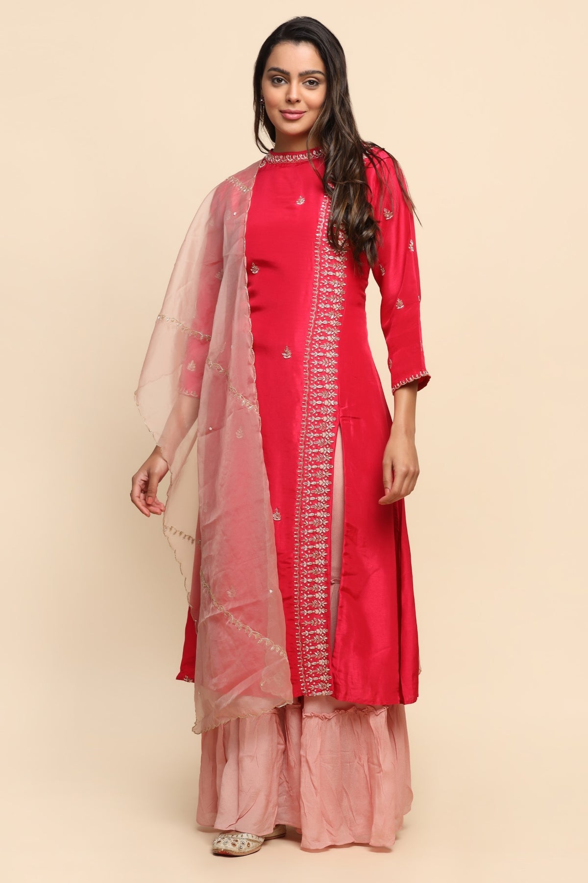 Beautiful pink color floral motif embroidered kurti with sharara
