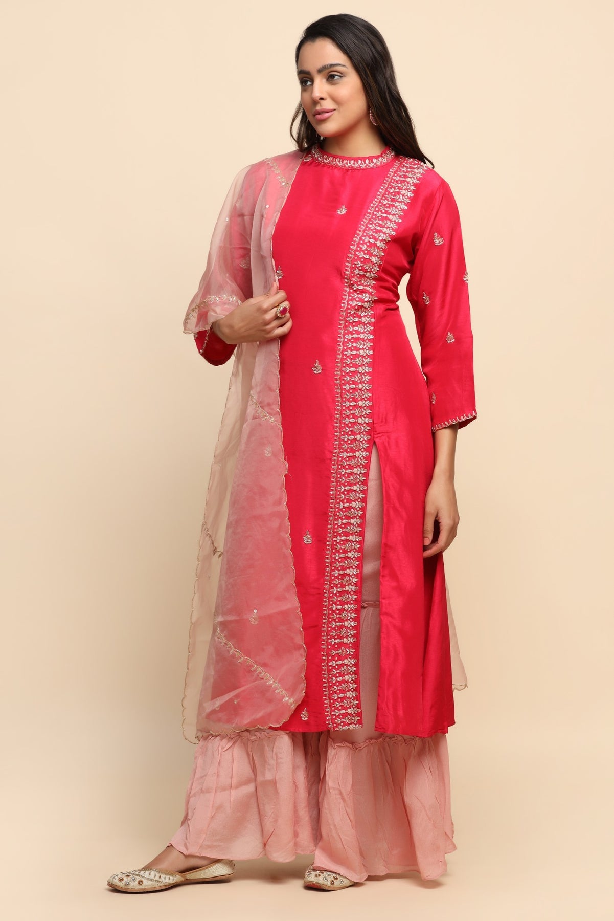 Beautiful pink color floral motif embroidered kurti with sharara