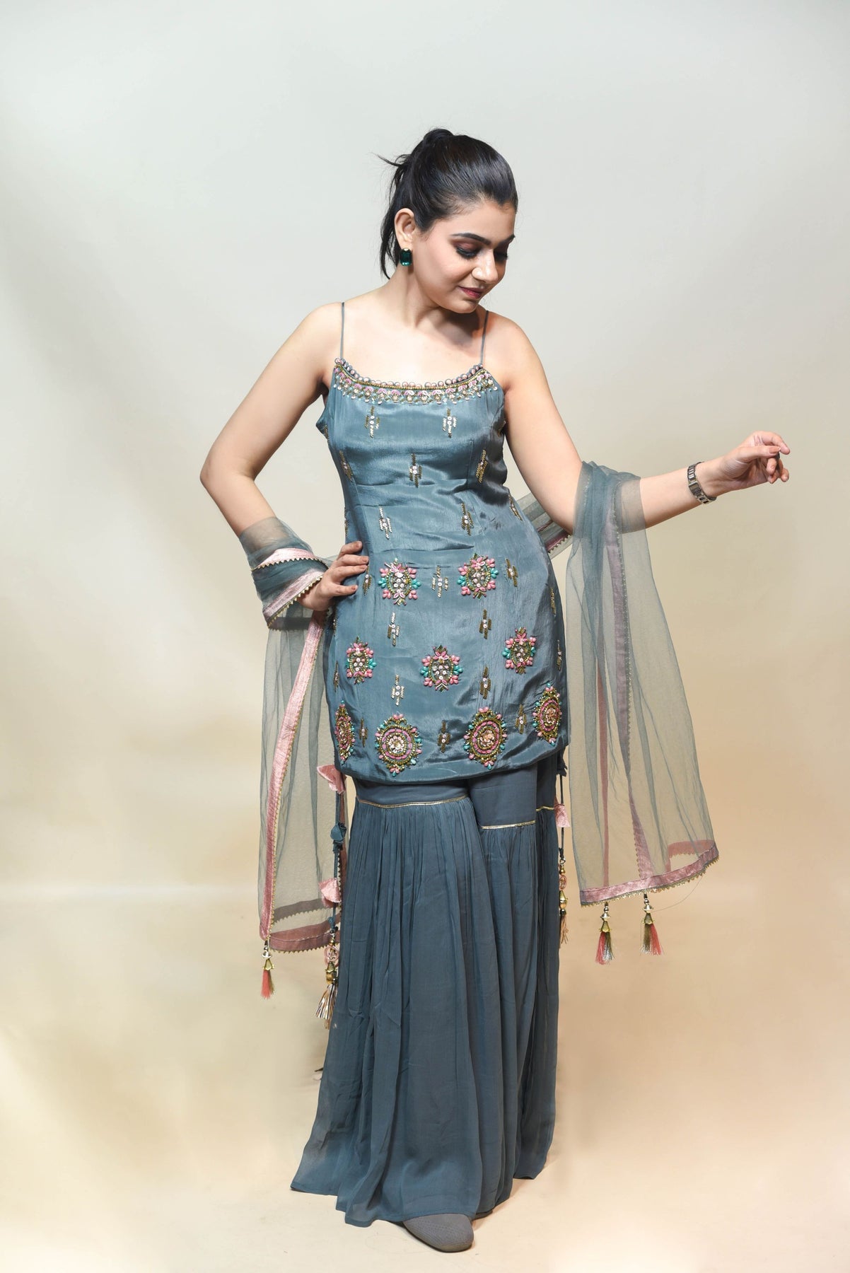 Elegant Blue Color Floral Motif Embroidered Sharara Set