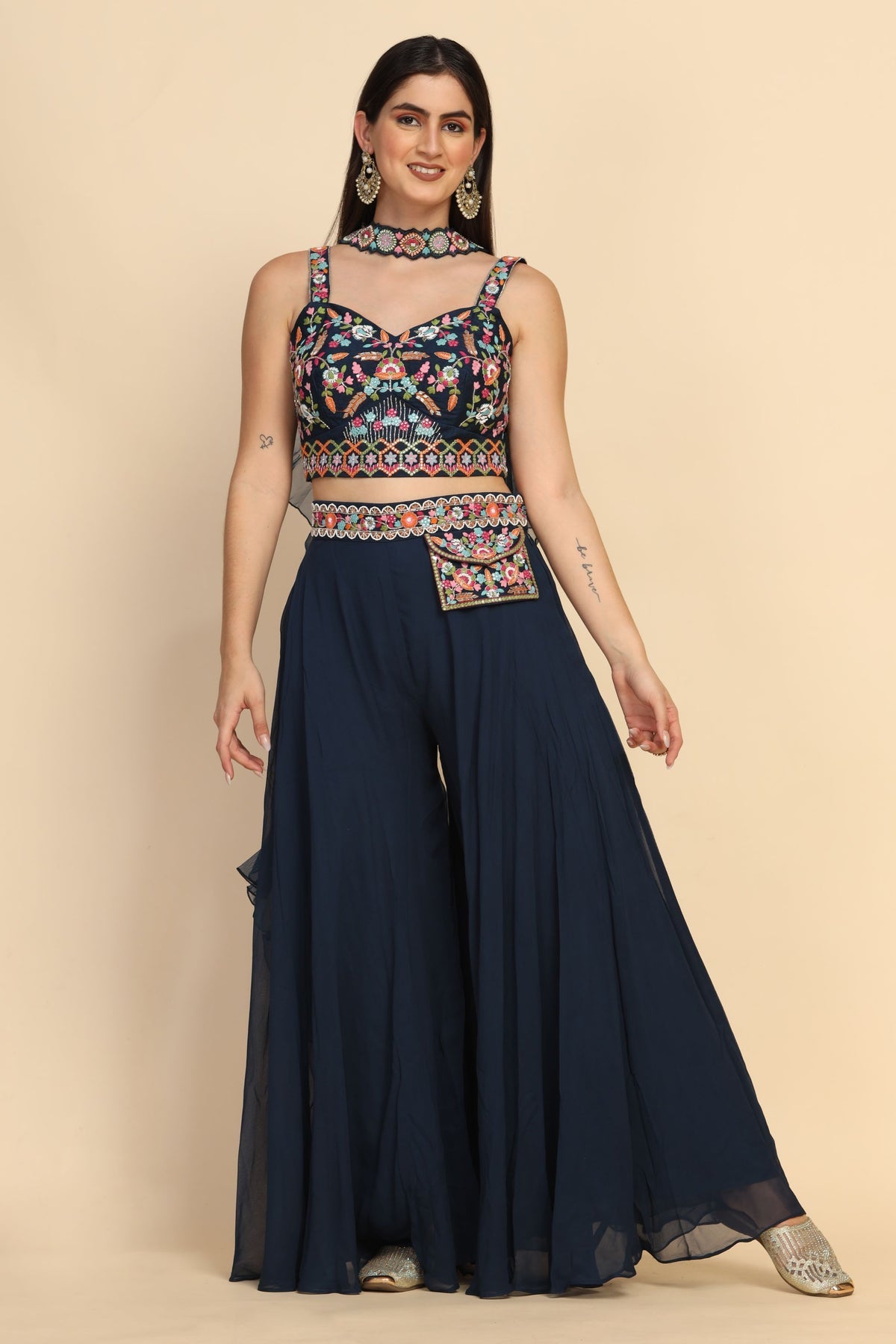 Classic Blue color floral motif embroidered palazzo set