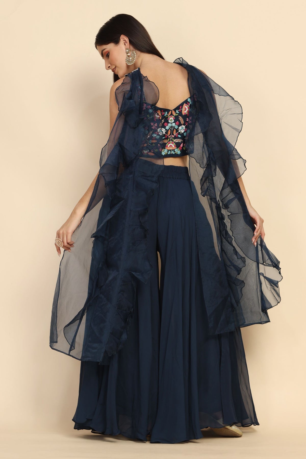 Classic Blue color floral motif embroidered palazzo set