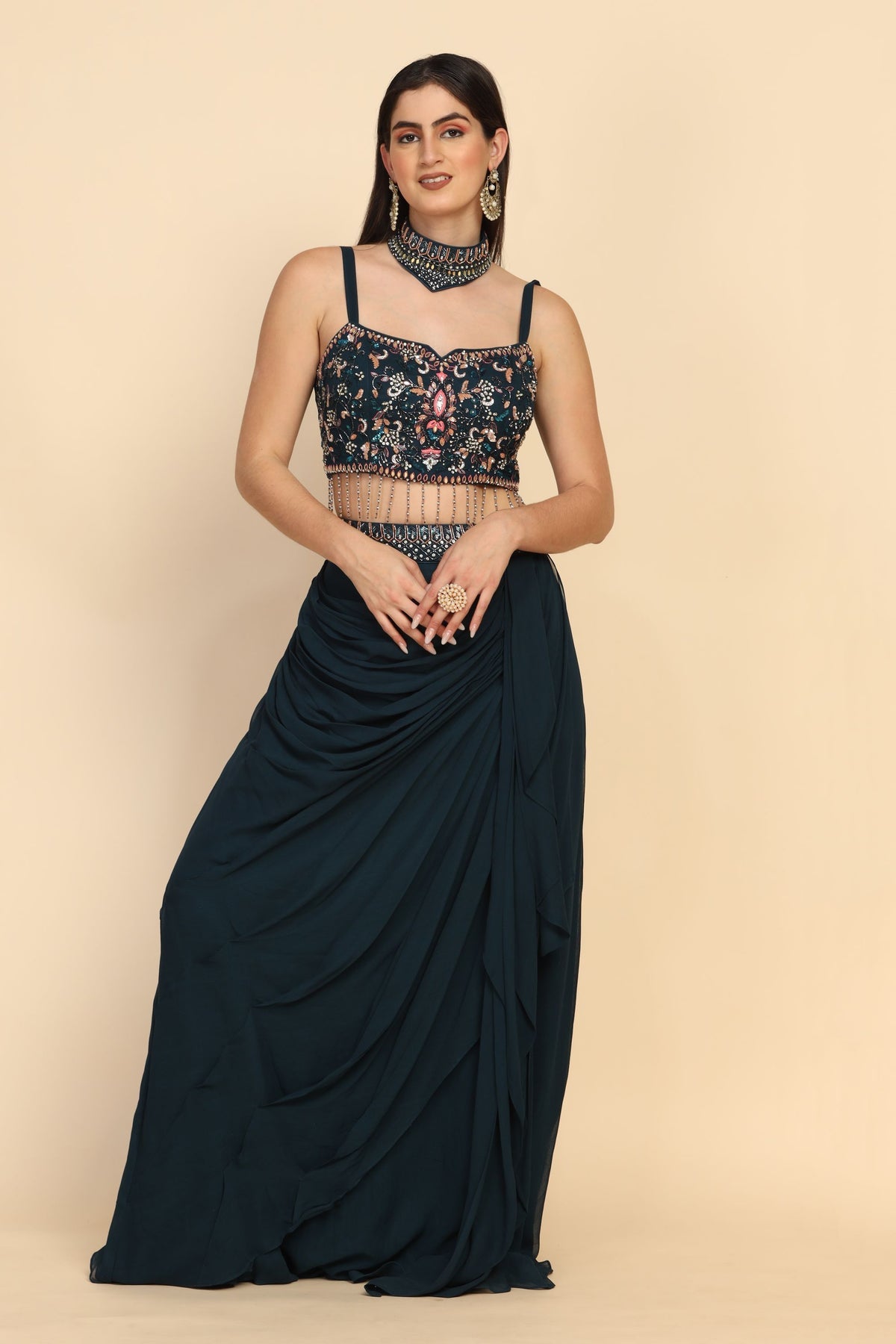 Classic Blue color floral motif embroidered palazzo set