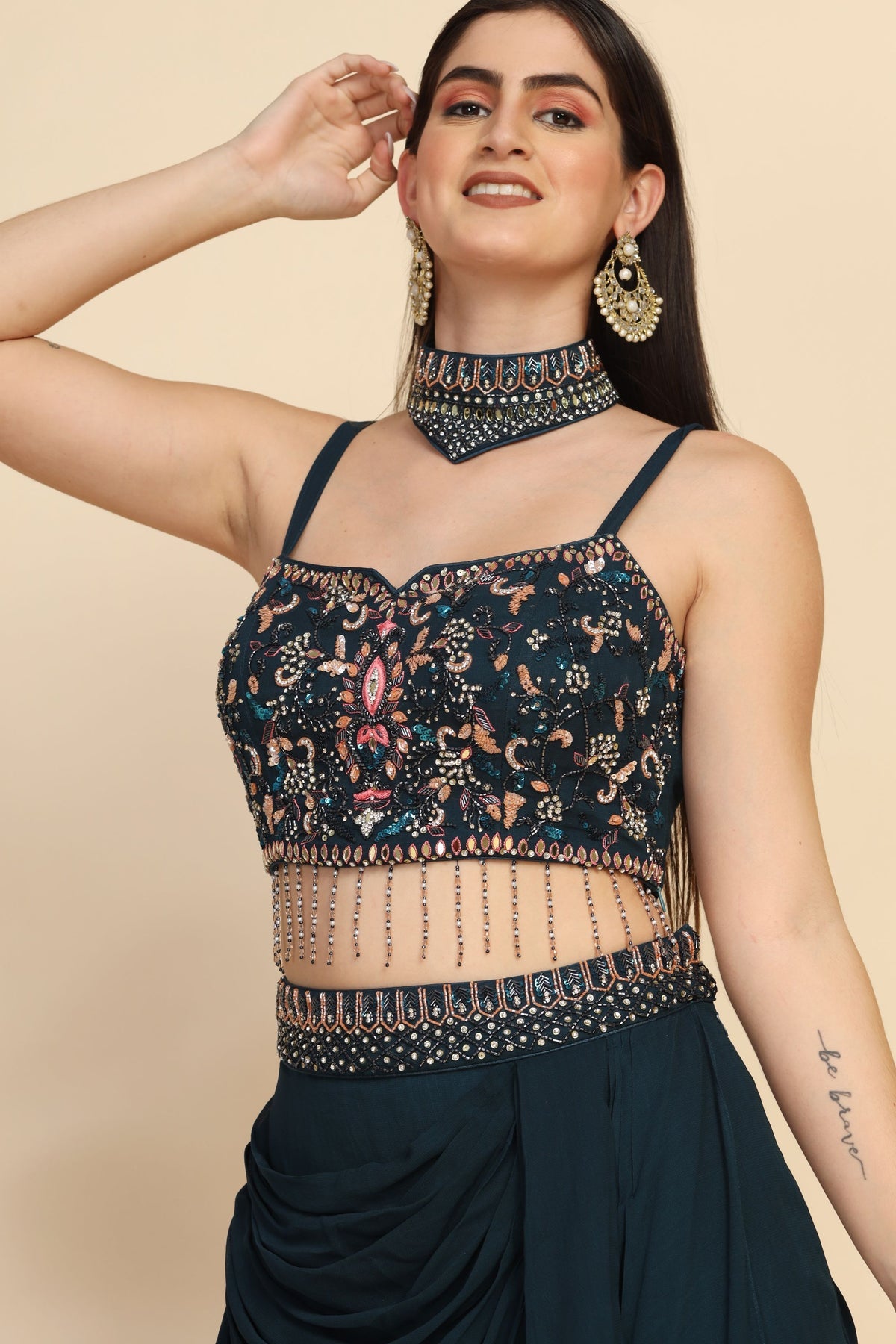 Classic Blue color floral motif embroidered palazzo set