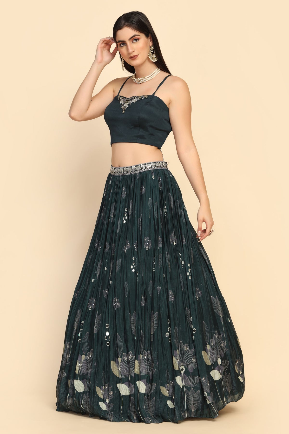 trending bottle green embroidered lehenga