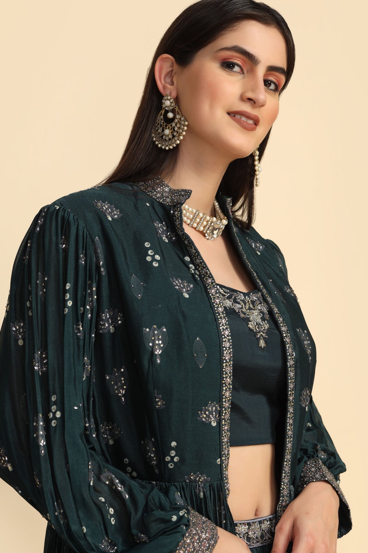 trending bottle green embroidered lehenga
