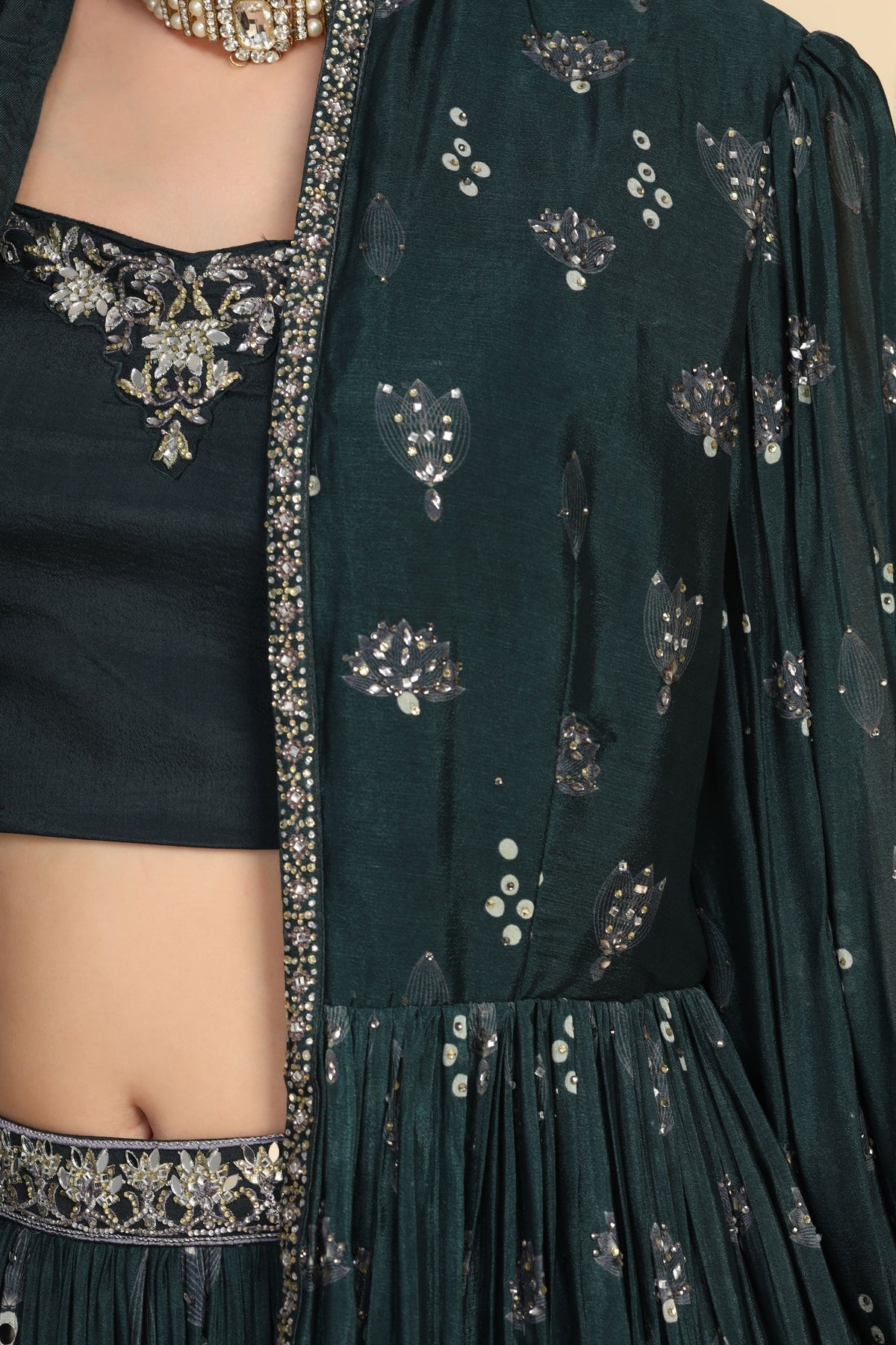 trending bottle green embroidered lehenga