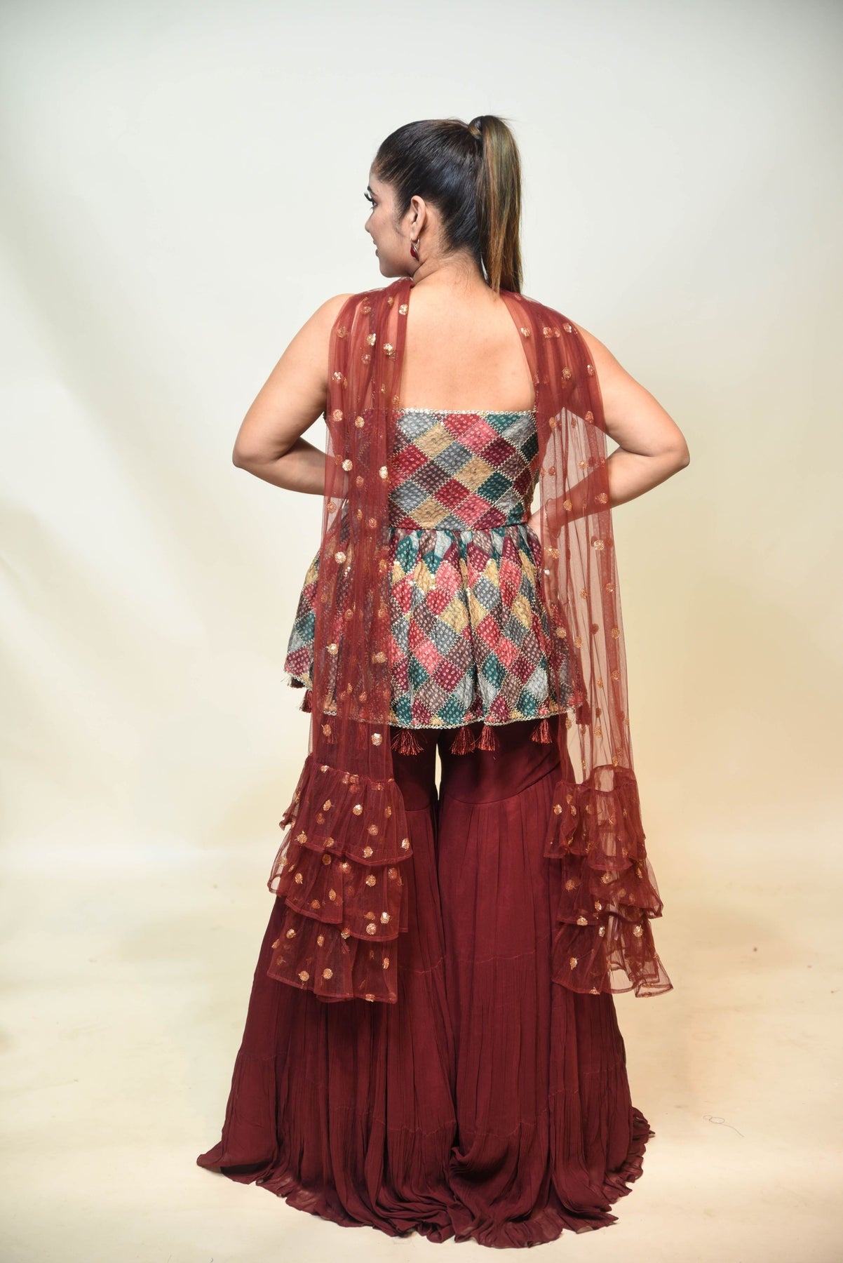 beautiful red color geometrical pattern sharara set