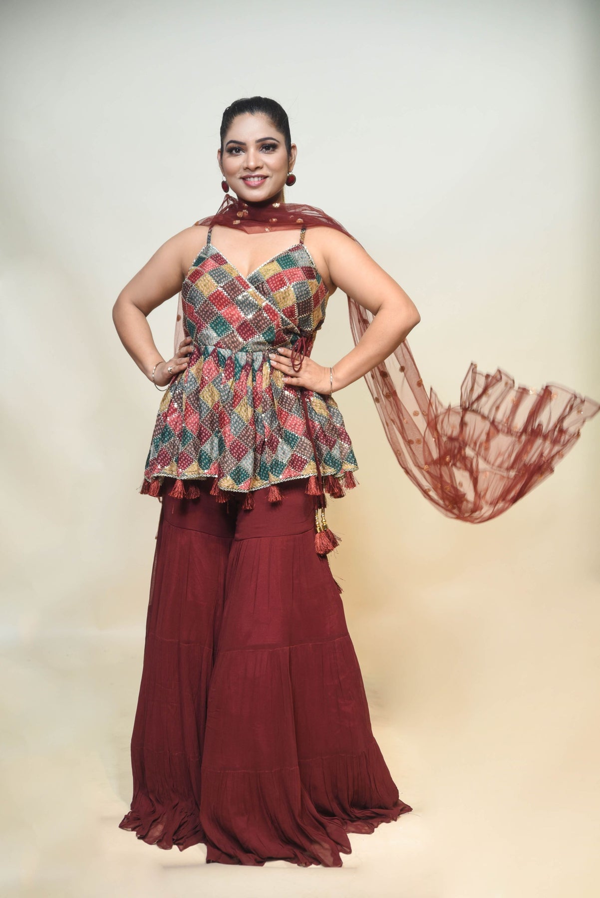 beautiful red color geometrical pattern sharara set