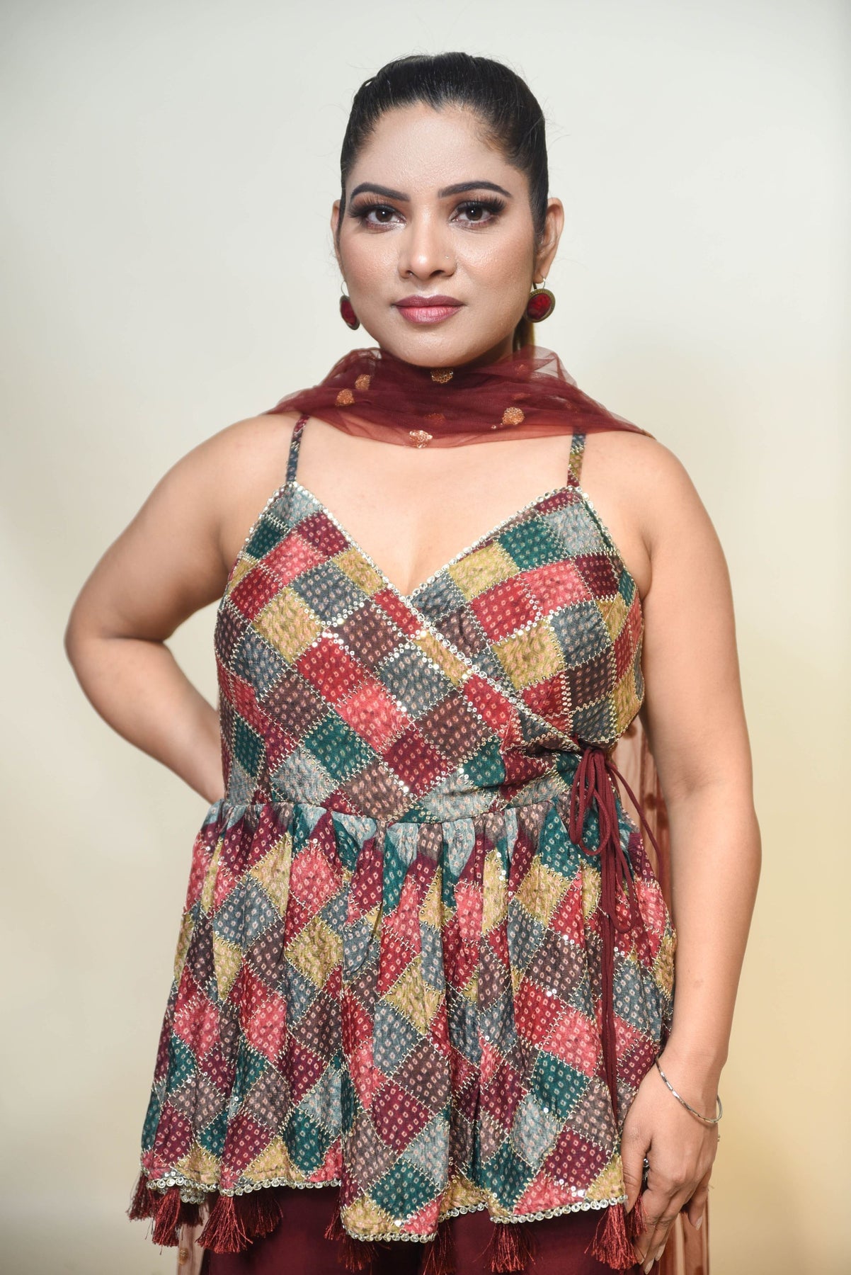 beautiful red color geometrical pattern sharara set