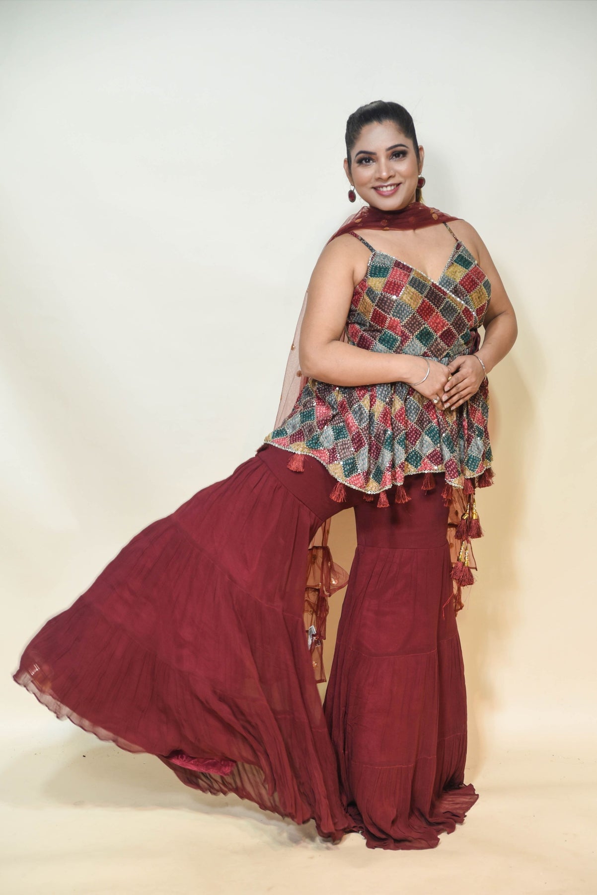 beautiful red color geometrical pattern sharara set