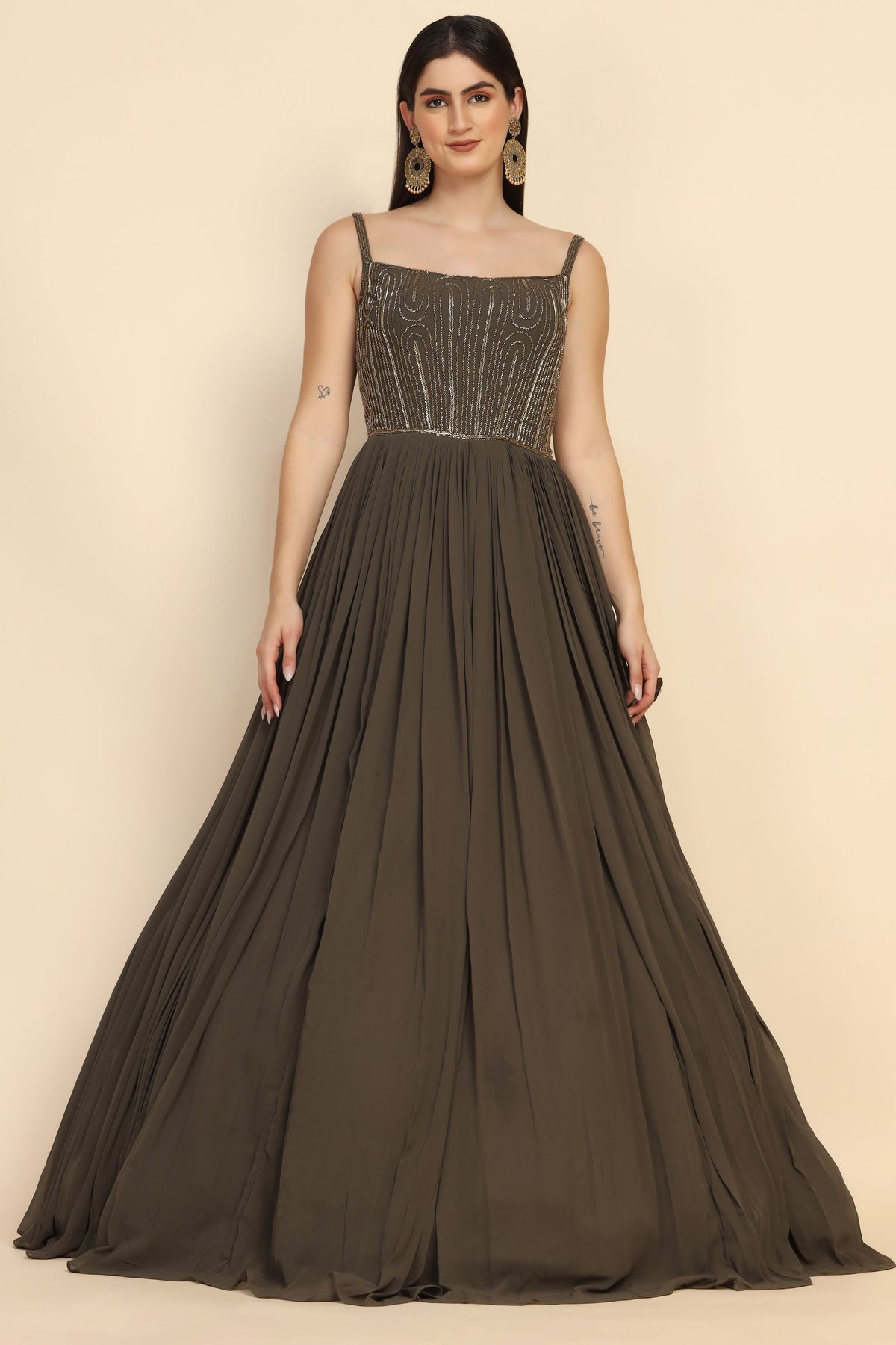 elite olive embroidered cocktail gown