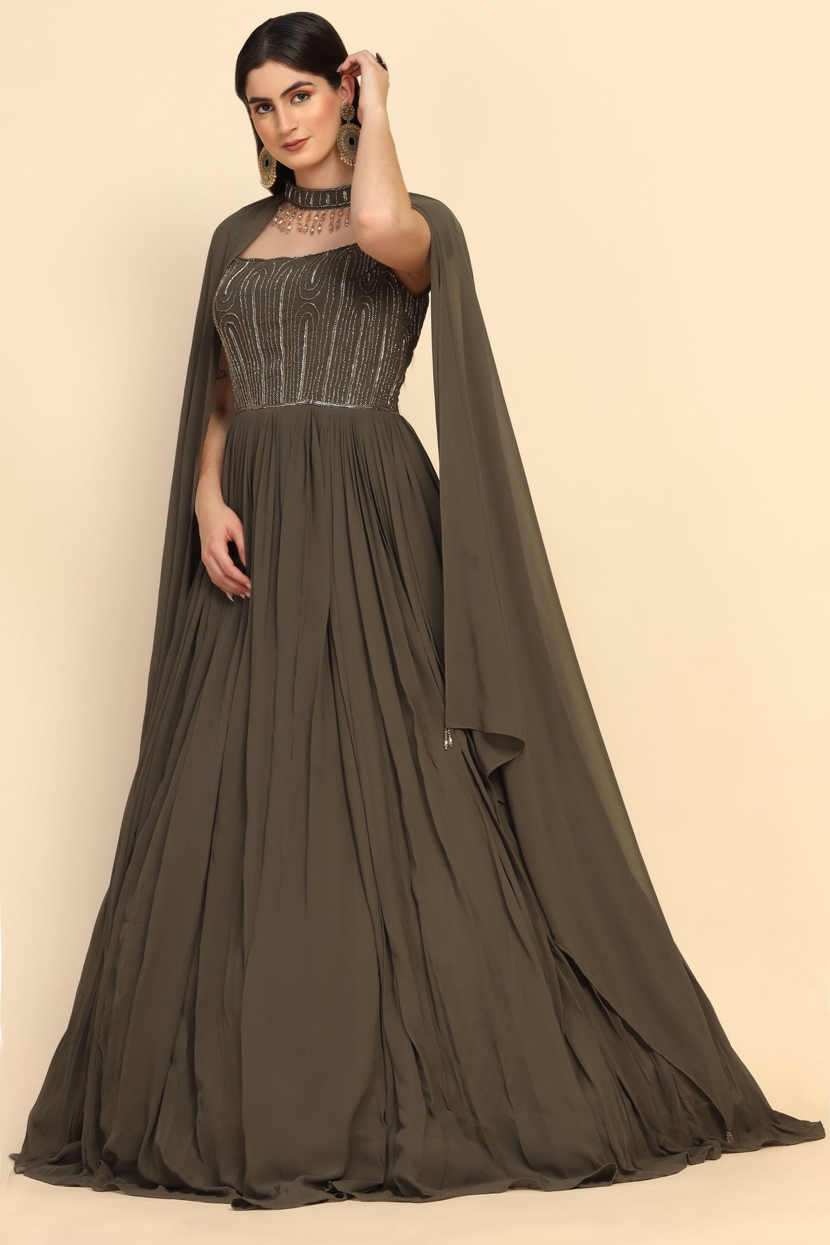 elite olive embroidered cocktail gown
