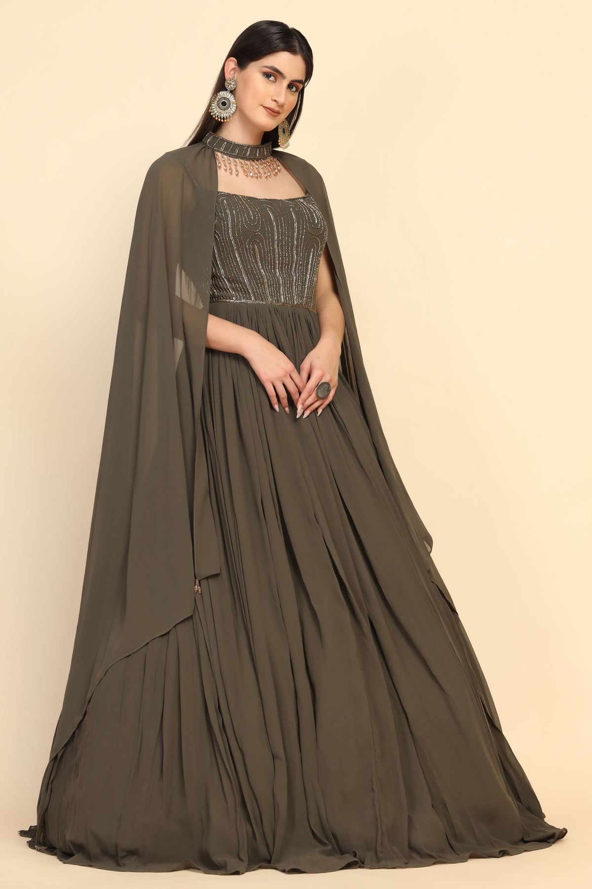 elite olive embroidered cocktail gown