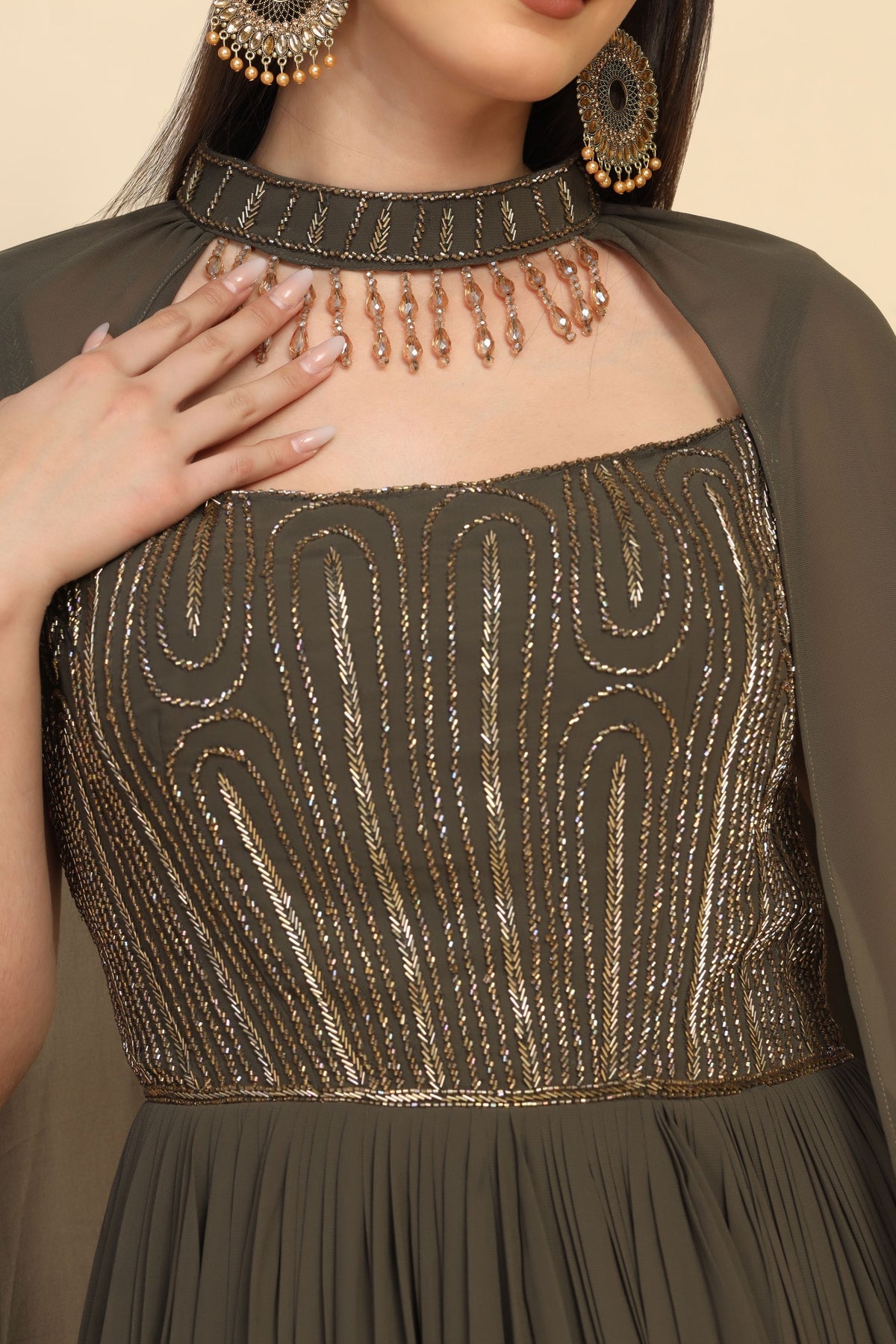 elite olive embroidered cocktail gown