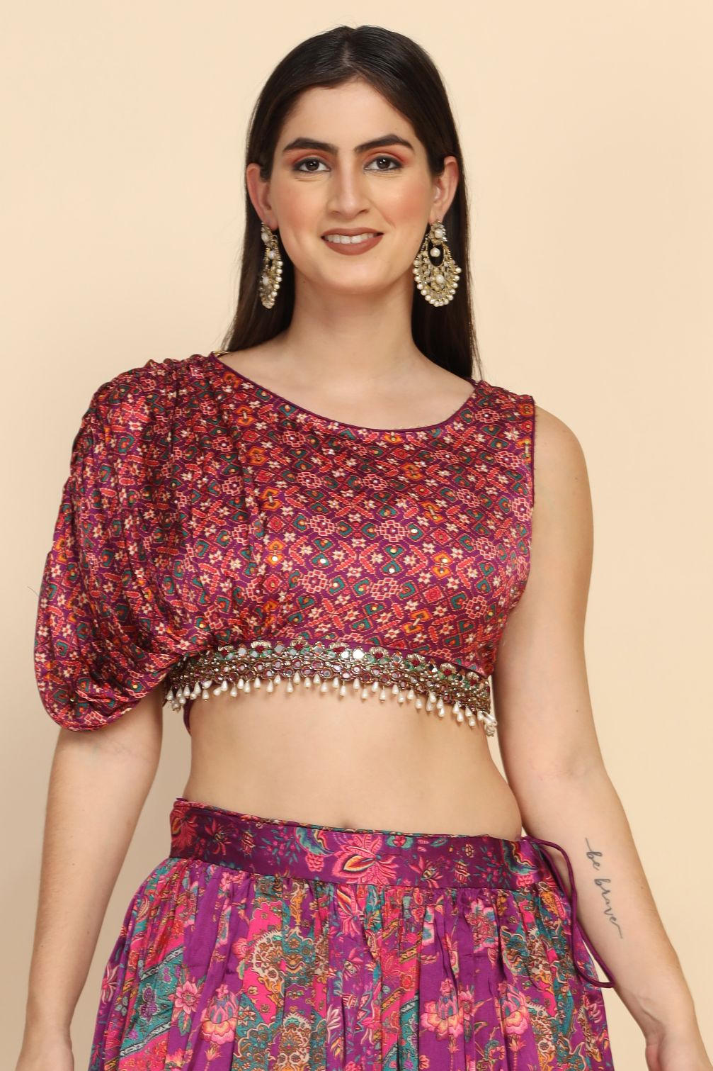 Elegant pink color Lehenga with one side curtain sleeves