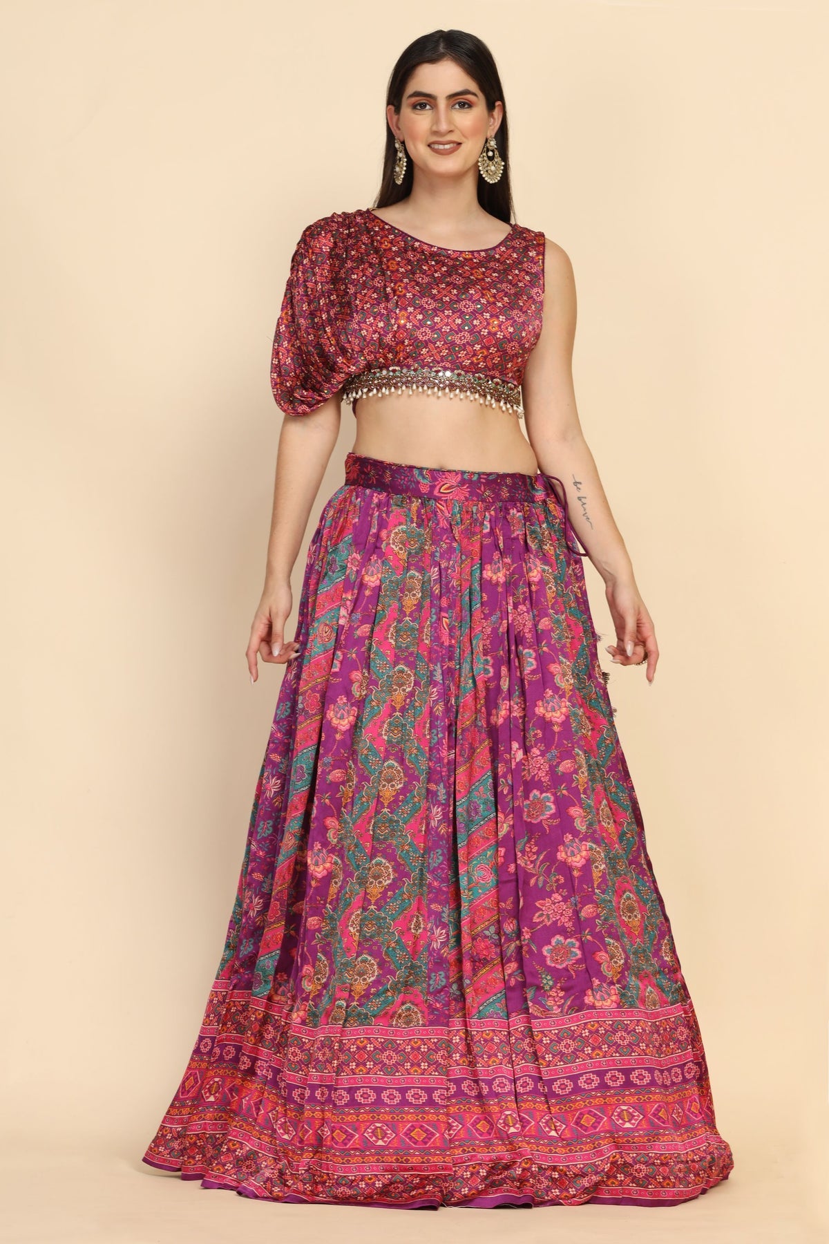 Elegant pink color Lehenga with one side curtain sleeves