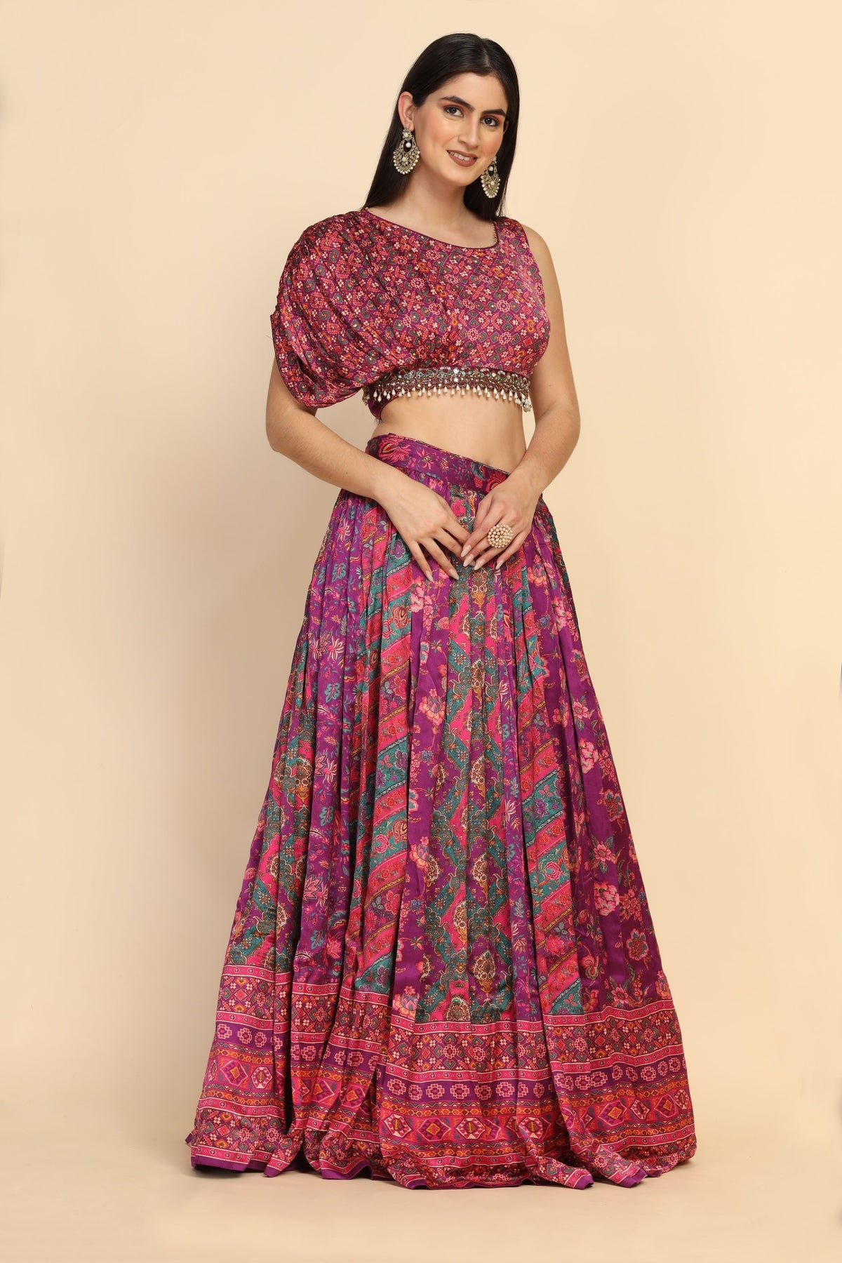 Elegant pink color Lehenga with one side curtain sleeves